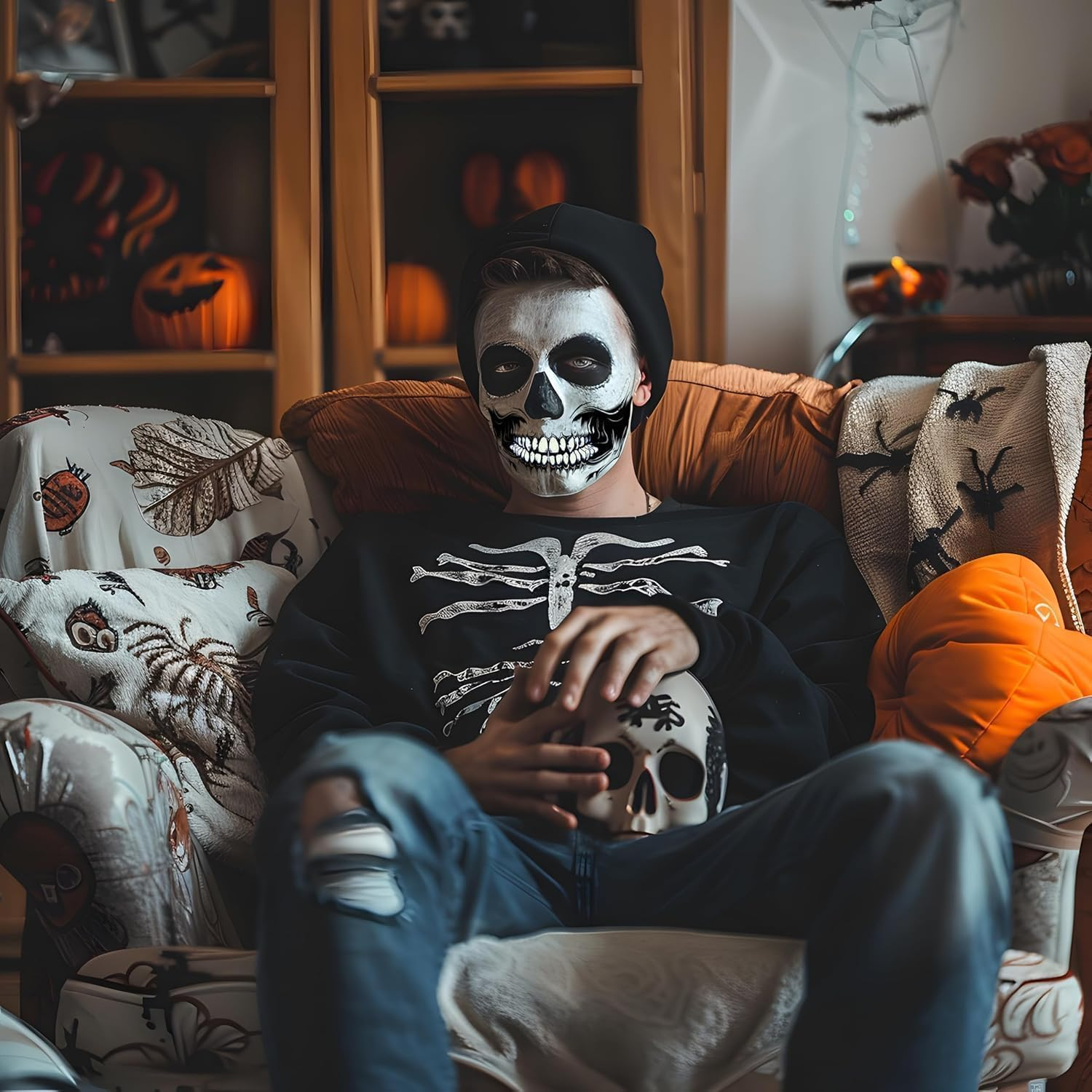 Halloween Face Tattoos for Women Makeup, Face Skeleton Mouth Spider Web Temporary Tattoo Stickers, Horror Make up Scary Face Tattoos for Kids Girls Boys Adults image number 2