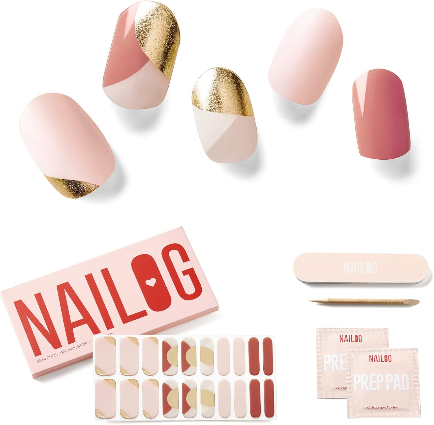 NAILOG Semi Cured Gel Nail Strips (20 Extra Long Nail Stickers) | Glossy & Long Lasting Soft Gel Finish Nail Wrap| Belle Epoque image number 3