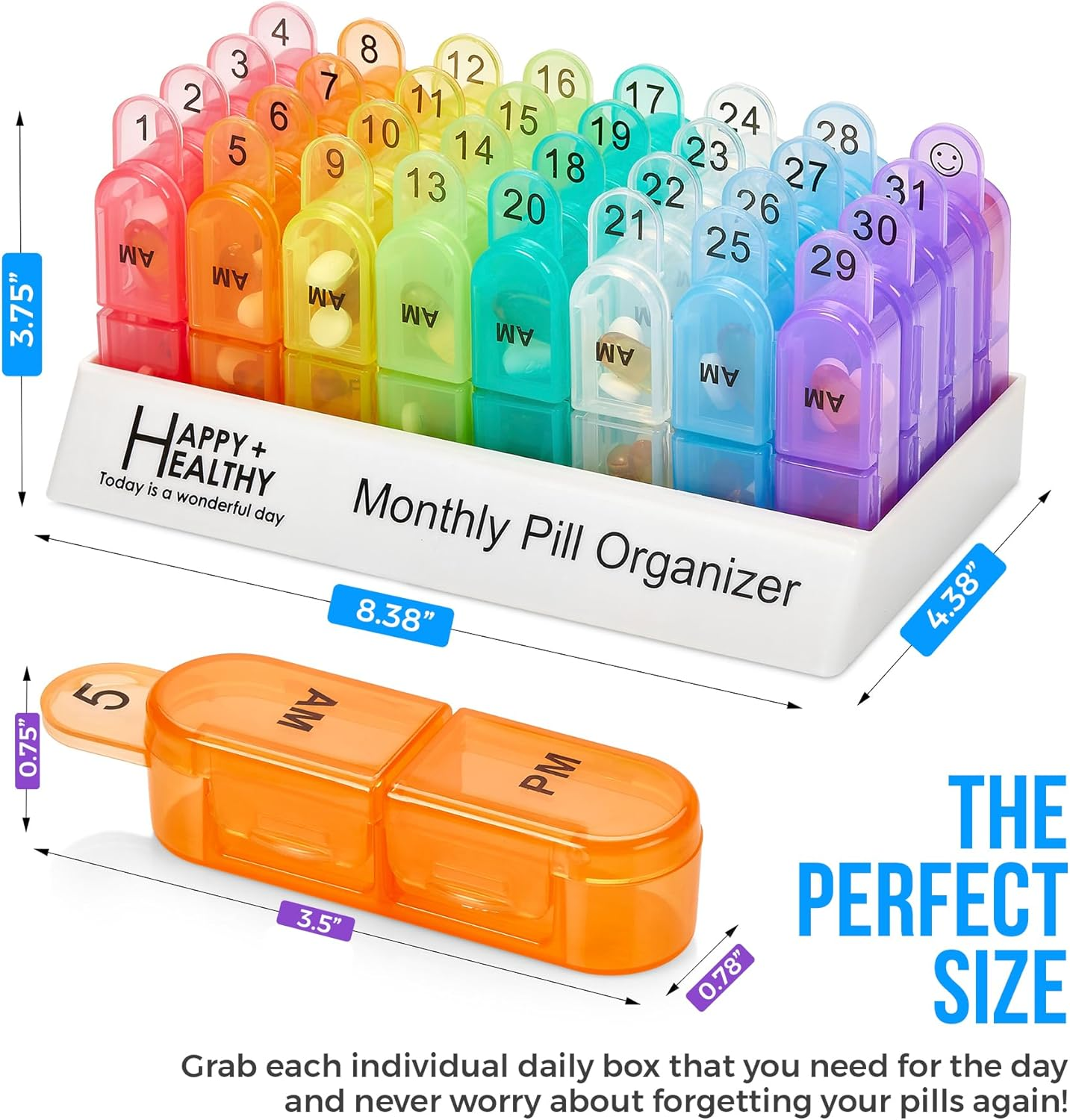 Monthly Pill Organizer 2 Times a Day, 30 Day Pill Box AM PM, Morning and Night One Month Pill Box Organizer with Daily Removable 31 Day Pill Organizers and Organizing Tray image number 2