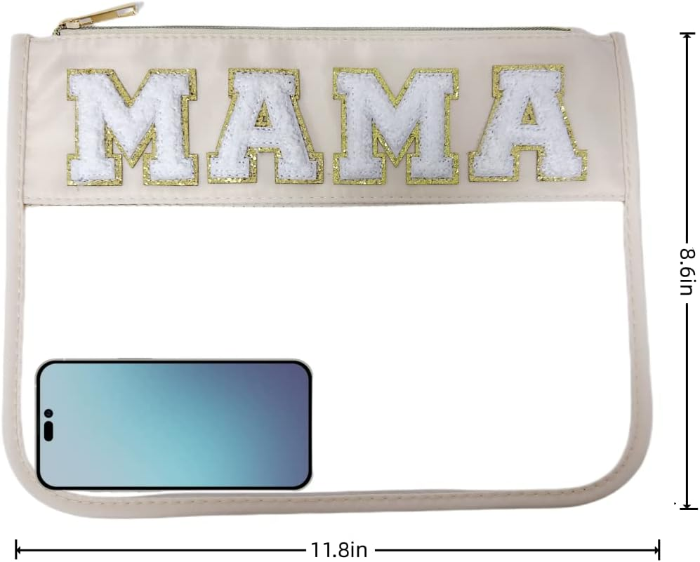 Clear Makeup Letter Bag, Chenille Patch Cosmetic Toiletry Pouch, Stadium Preppy Bags for Women Girls, Beige-Mama image number 4