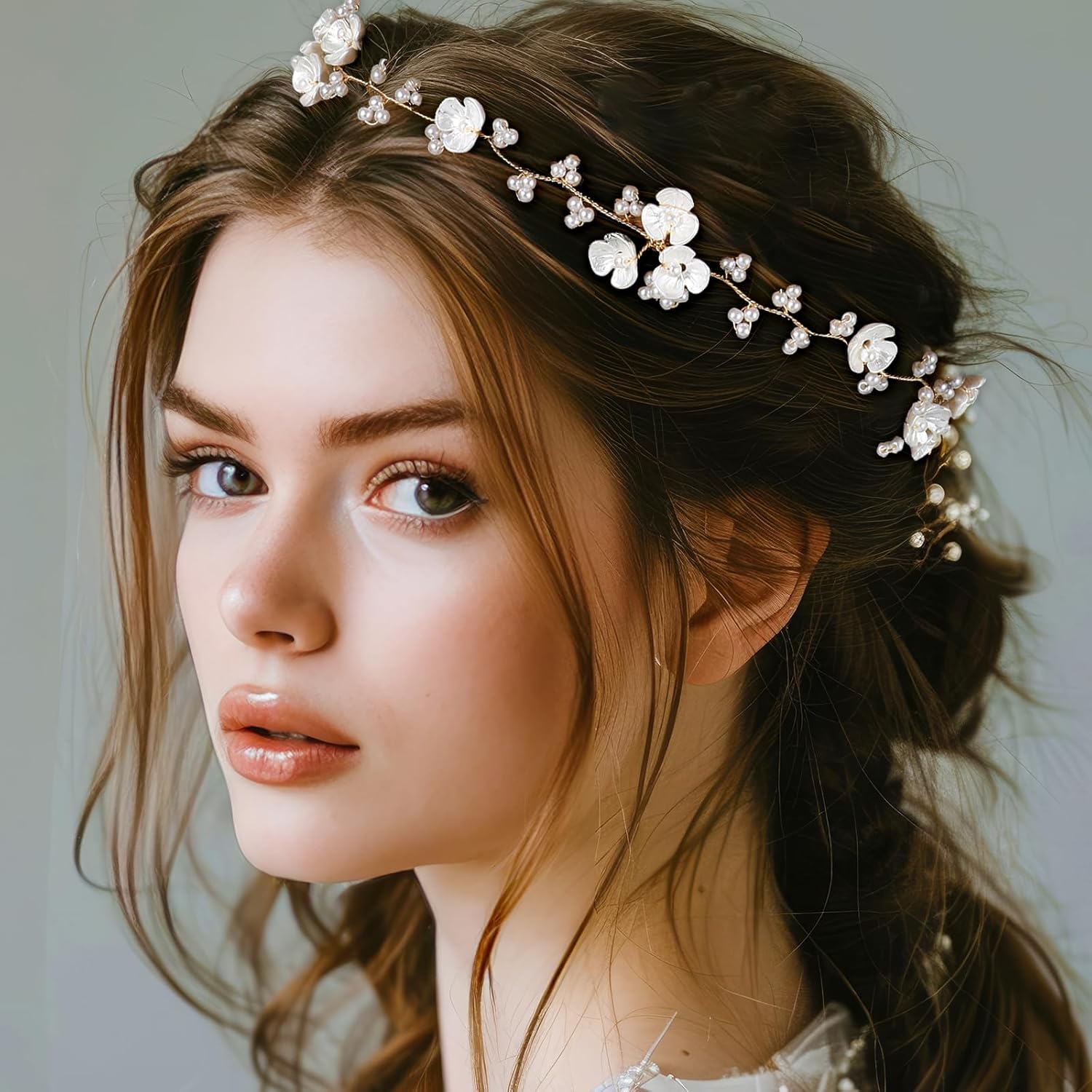 Flower Crown for Girls, Bridal Pearl Headband Women Floral Crowns for Wedding and Birthday, Flower Girl Hair Accessory Headpiece for Party and First Communion image number 6