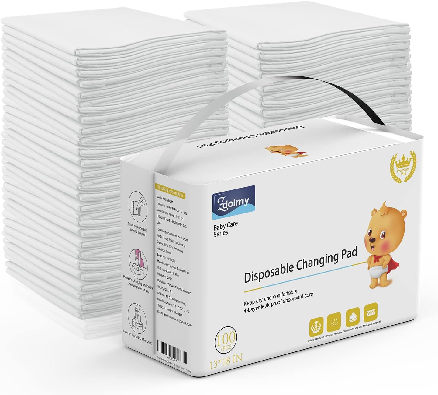 Zdolmy Disposable Changing Pad Liners (100 Pack) Super Soft, Ultra Absorbent & Waterproof - Covers Any Surface for Mess Free Baby Diaper Changes (White) image number 1