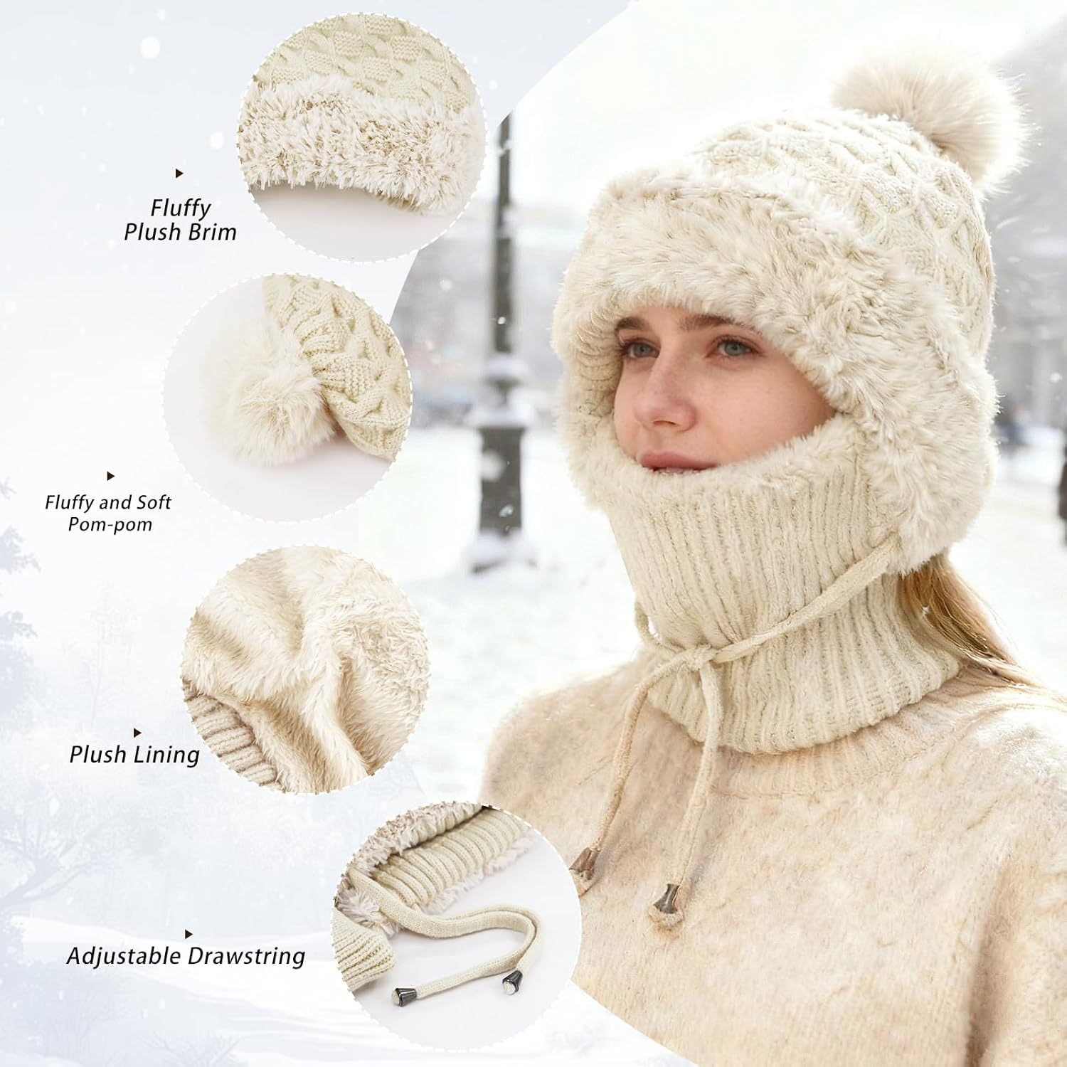 Bobble Hat for Women, 3 in 1 Winter Knitted Beanie Hat with Neck Warmer and Face Cover, Thick Fleece Lined Windproof Thermal Wooly Hat for Cycling Skiing Cold Weather - Beige image number 4