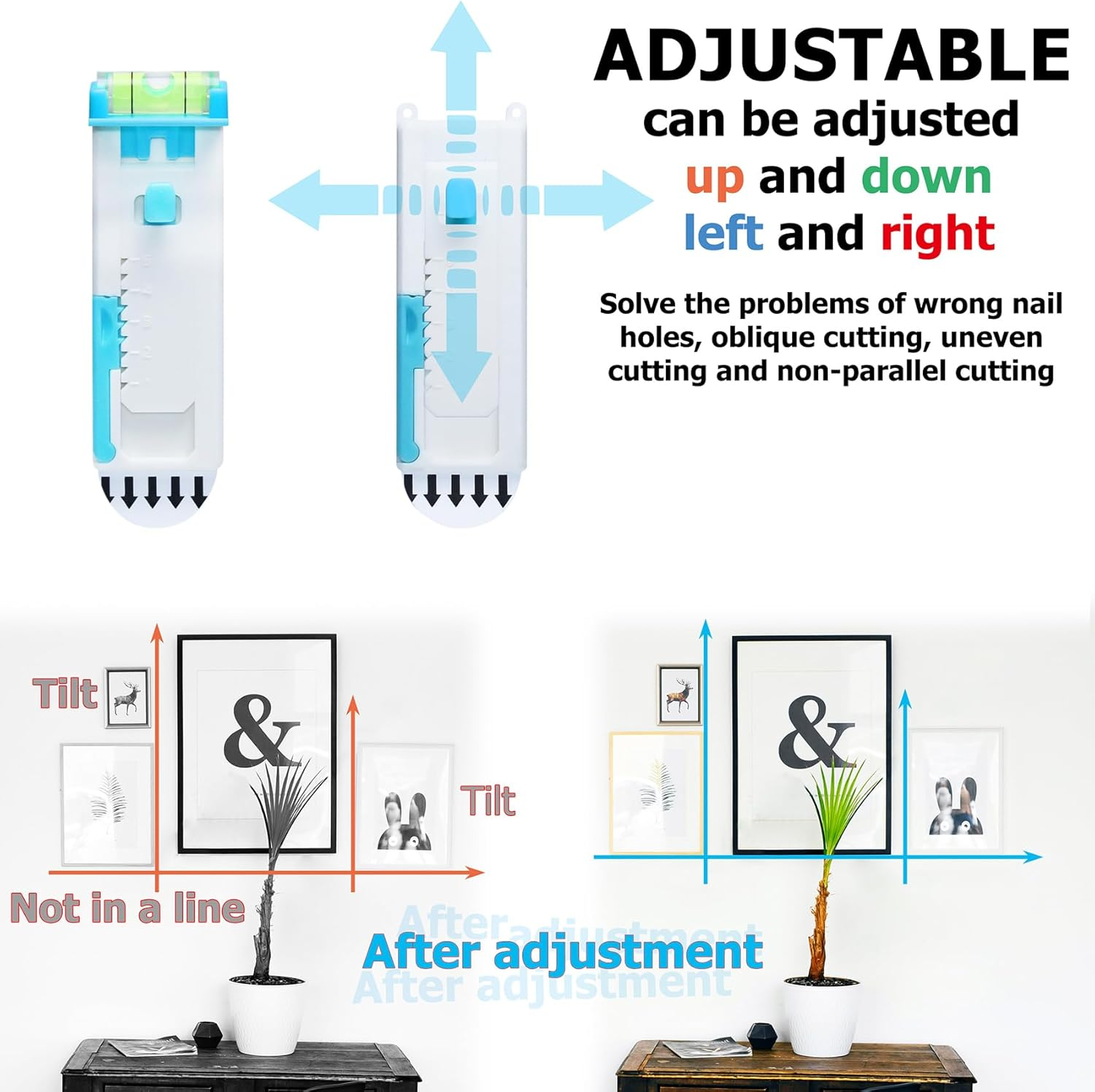 Laffeya Picture Hangers, Adjustable Adhesive Wall Hooks with Level, Damage Free Hanging Strips Hanger for Art, Photos, Mirrors & Decor Frame (Picture Hook, 2)