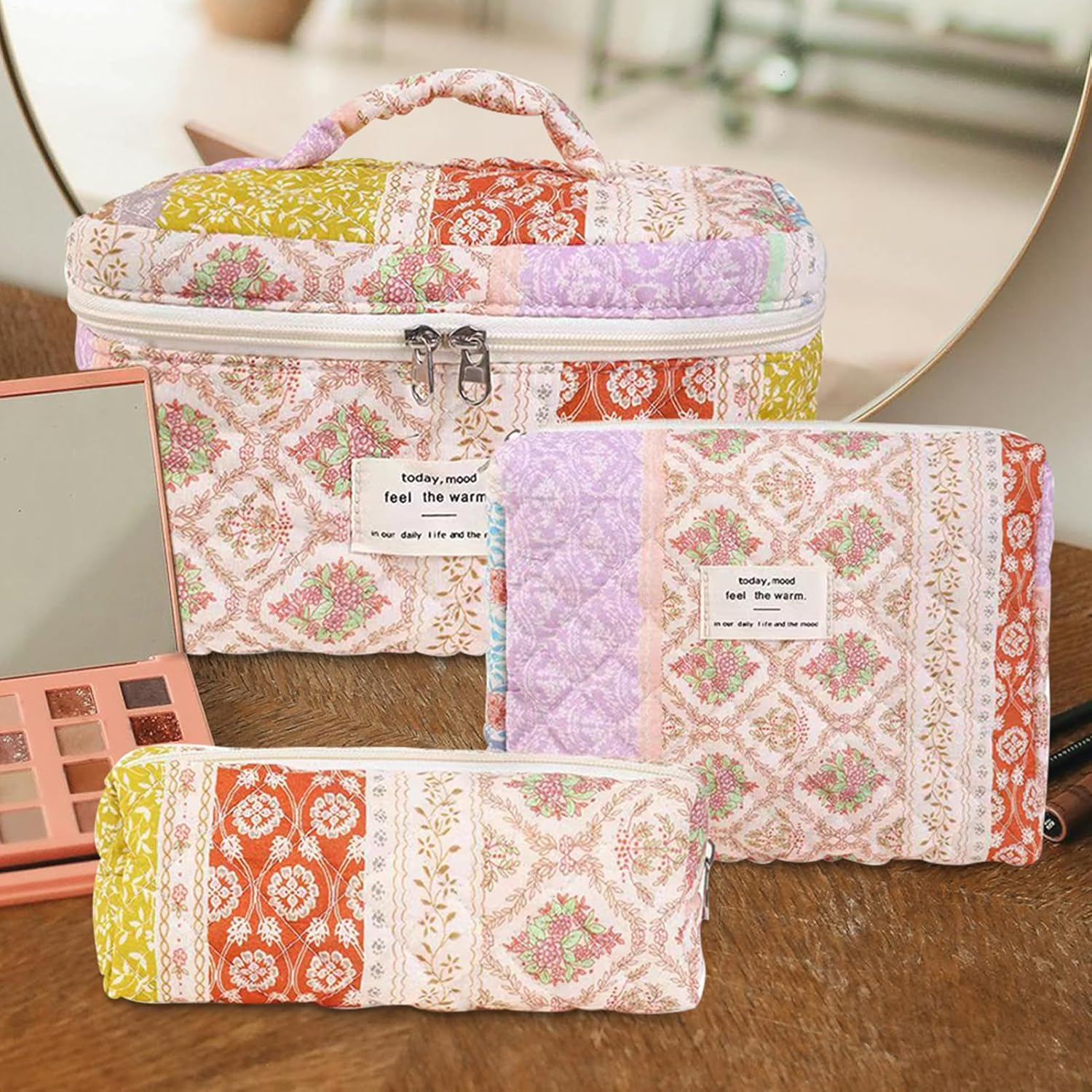 Toiletry Bag Set of 3, Floral Quilted Makeup Bag for Women, Large Capacity Aesthetic Floral Cosmetic Bags for Travel, Travel Skincare Cosmetic Organizer, Wash Organizer Pouch for Ladies Girls - B image number 3