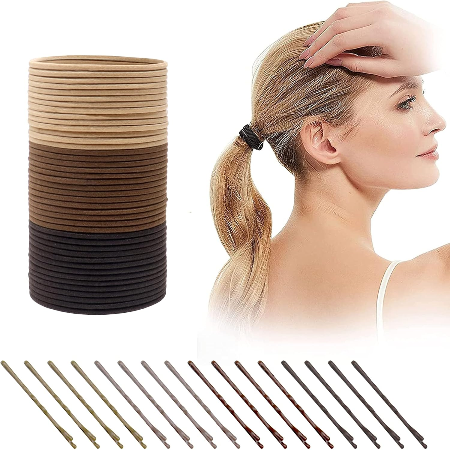 Kavya Pack of 100 Women'S Hair Bobbles (3 Colours), 20 Hair Pins (4 Colours) Bobby Pins, without Metal, Small Elastic Thin Hair Bobbles Girls Ponytail Hair Accessories-A image number 3