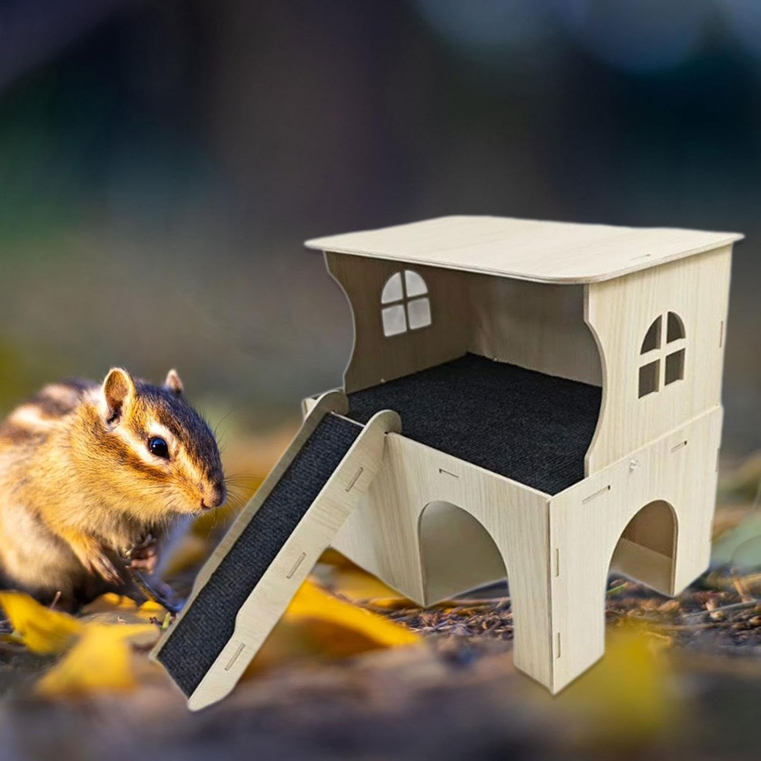 Qianly Wooden Hamster House Guinea Pig Hideout Hideaway,Hiding,With Stairs,Bed Hut Habitats Small Animal Hut for Gerbils Hamsters image number 5