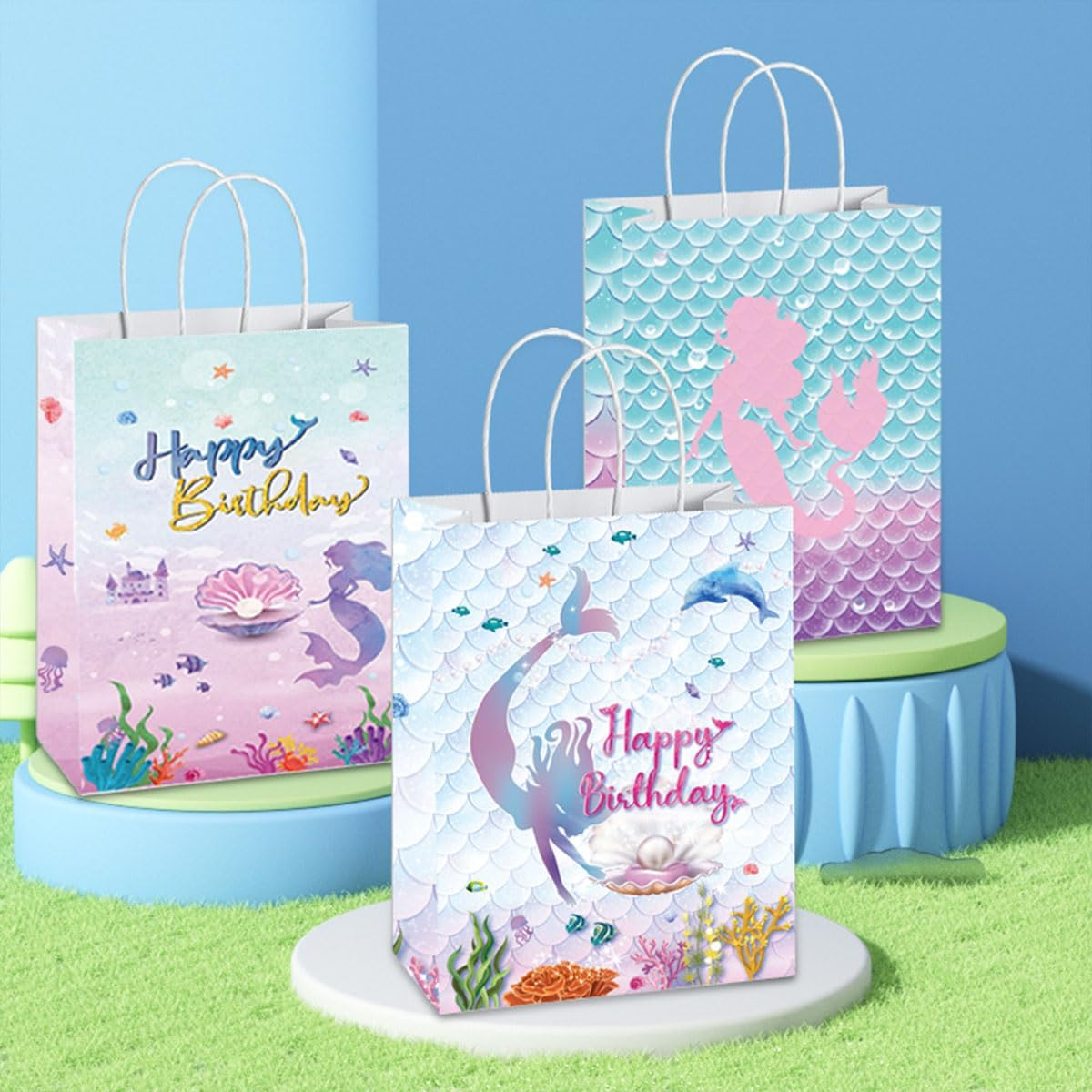 Dnvkict 24 Pack Mermaid Goodie Bags with Handles Candy Bags Mermaid Theme Party Bags Party Favor Treat Bags for Decorations (Sea World) image number 5
