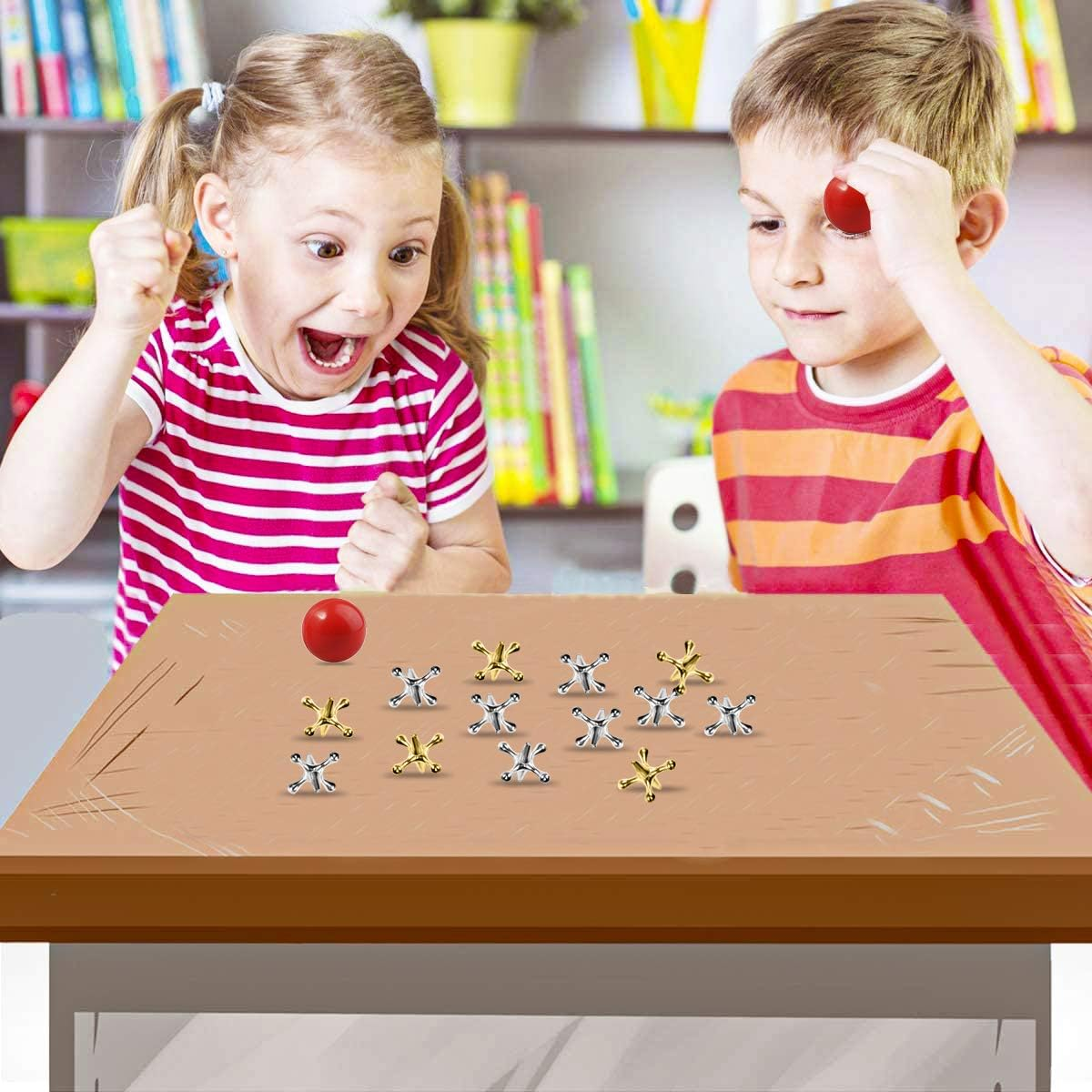 3 Sets Retro Metal Jacks and Ball Game Kit - 3 Pcs Red Rubber Balls & 30 Pcs Gold and Silver Metal Jacks, Classic Game of Jacks for Party Favor, Game Prizes, Kids and Adult image number 6