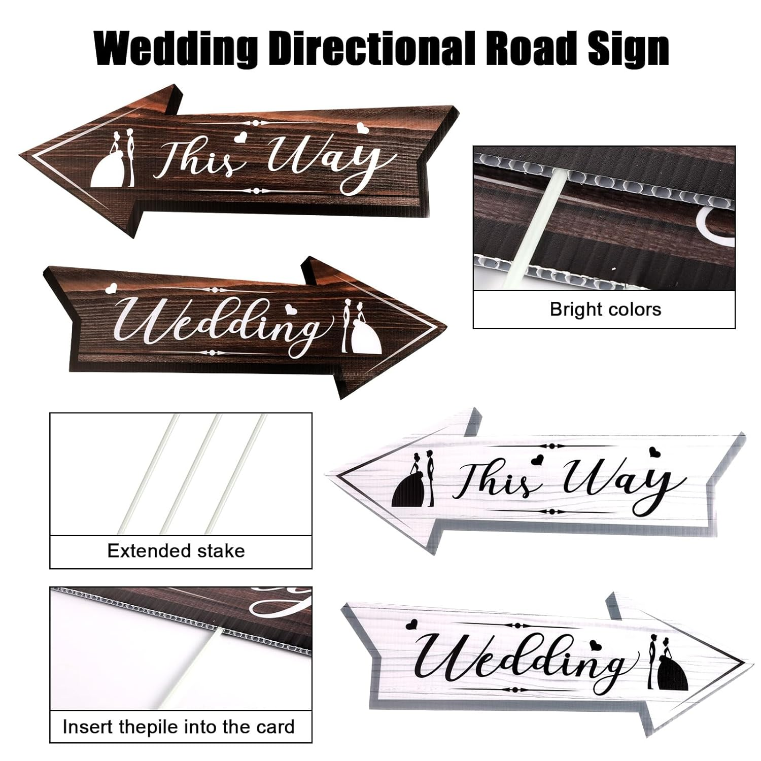 4Pcs Wedding Directional Road Sign, 17X6 Inch Wedding Yard Signs with Stakes Double-Side Printed Yard Sign Arrow Waterproof Wedding Signs for Ceremony & Reception Outdoor Road Signs image number 4