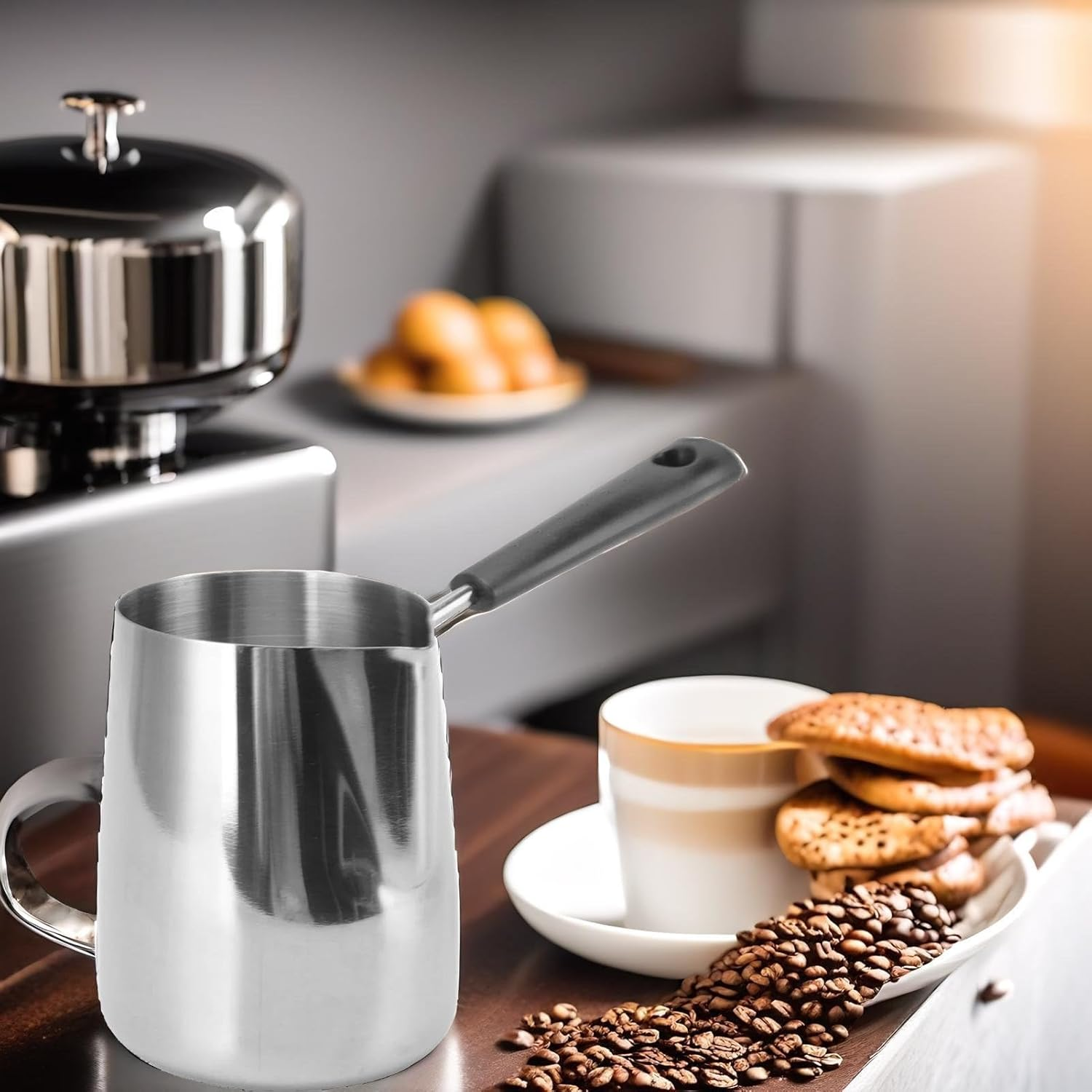 Turkish Coffee Pot, 600Ml/20Oz Stainless Steel Coffee Warmer Pot Butter Warmer Milk Warmer Pot Turkish Tea Pot Espresso Coffee Decanter Mini Saucepan with Spout Milk Pot image number 2