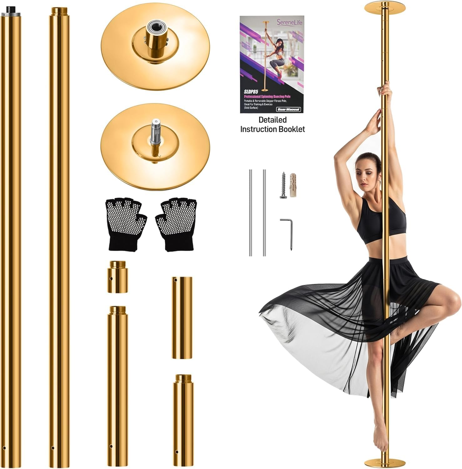 Serenelife 45Mm Fitness Dance Pole &ndash; Static & Spinning Modes, Heavy-Duty Removable Pole for Strength, Cardio & Dance &ndash; Easy Assembly, No Drilling &ndash; Suitable for Home, Club, Gym, Party, Pub