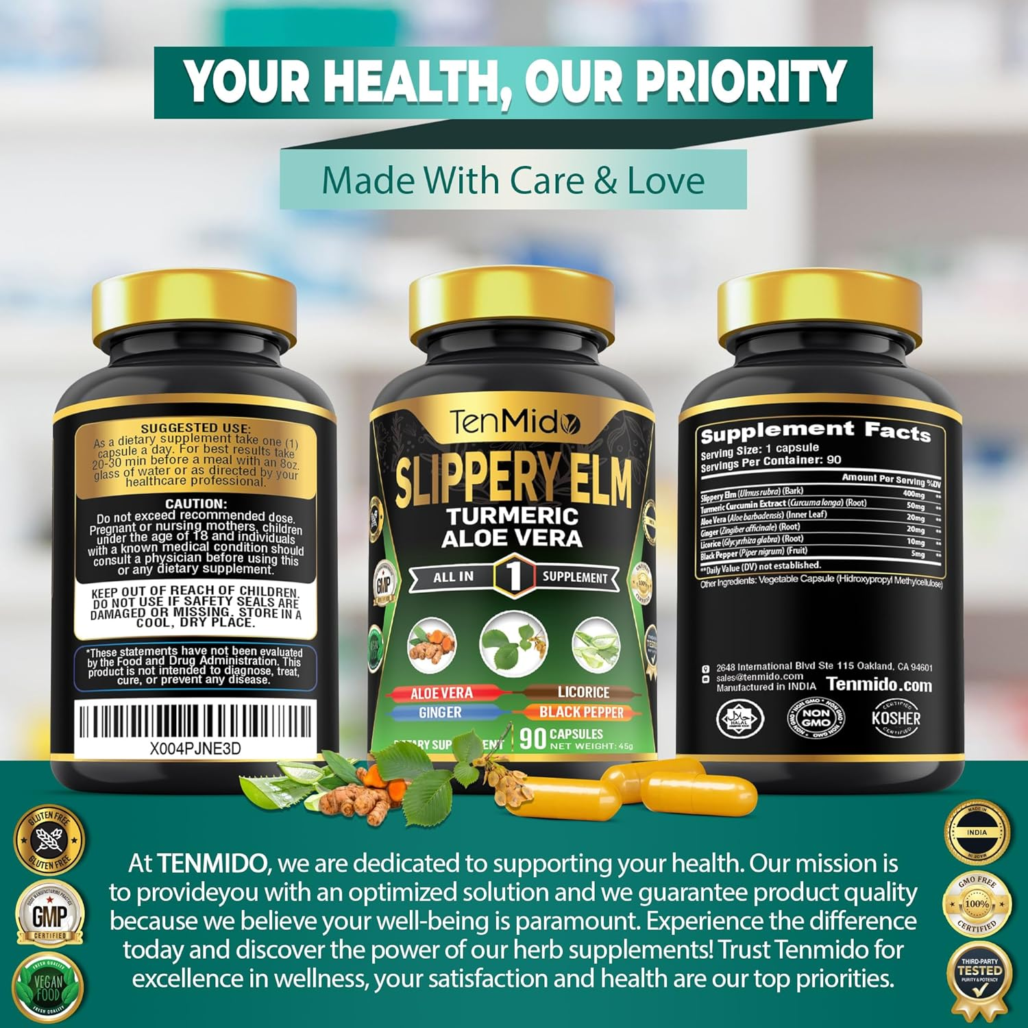 Tenmido Slippery Elm Supplements - 6In1 with Turmeric Curcumin, Aloe Vera, Ginger, Licorice & Black Pepper - Digestive Health - 90 Vegan & Non-Gmo Capsules image number 5