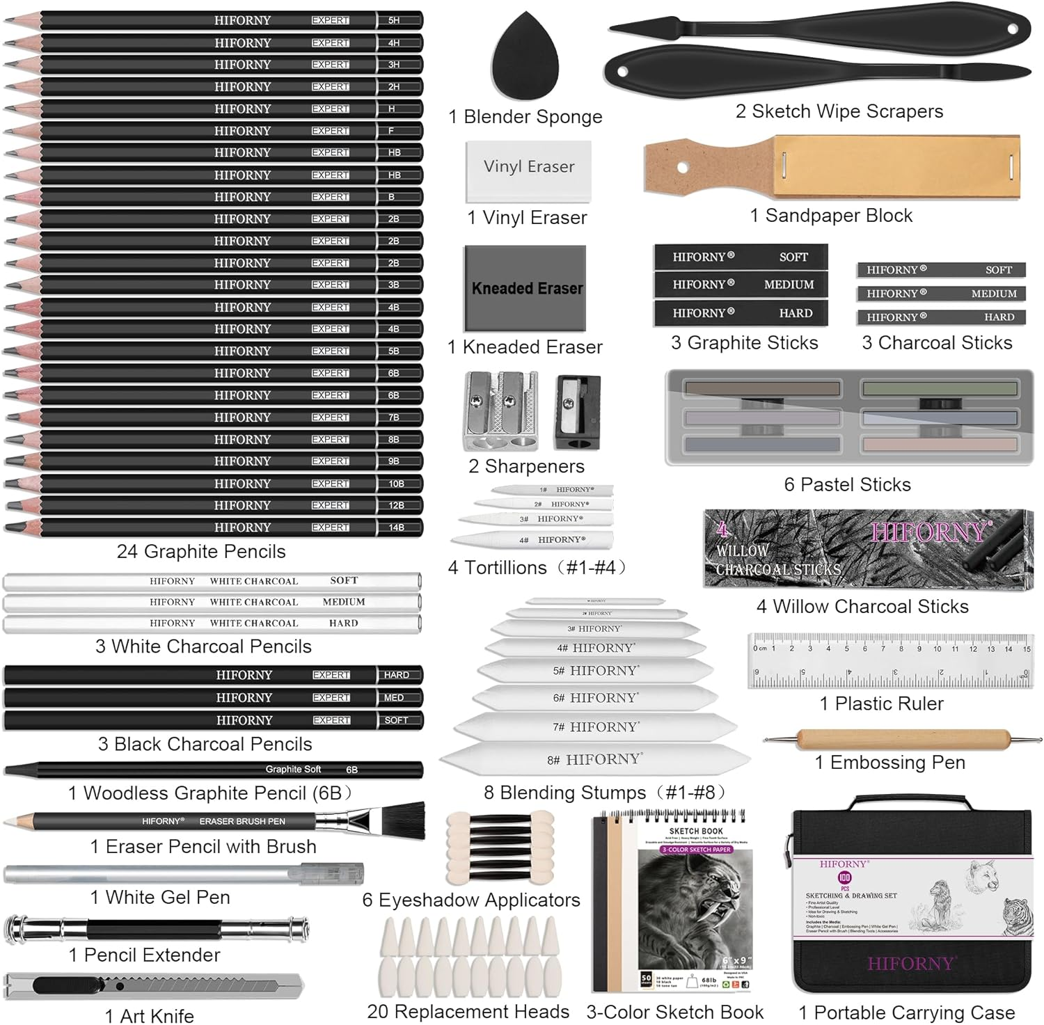 HIFORNY 100 PCS Drawing Set Sketching Kit,Sketch Pencils Art Supplies with Graphite,Charcoal,Blending Tools & Accessories,Portable Zippered Travel Case for Artists & Beginners image number 6