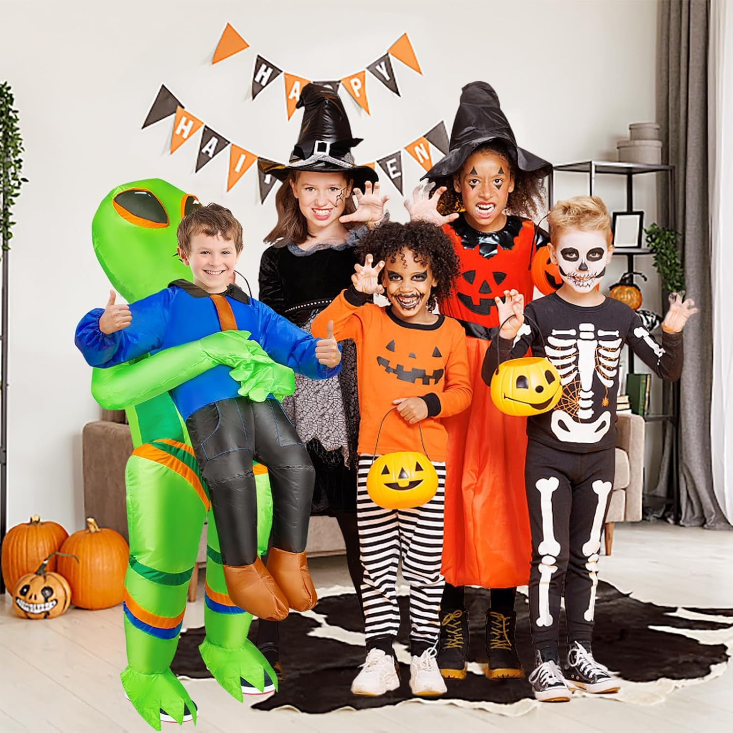 Inflatable Alien Costume for Adult Kids Blow up Alien Halloween Costumes Alien Abduction Costume Cosplay Party image number 1