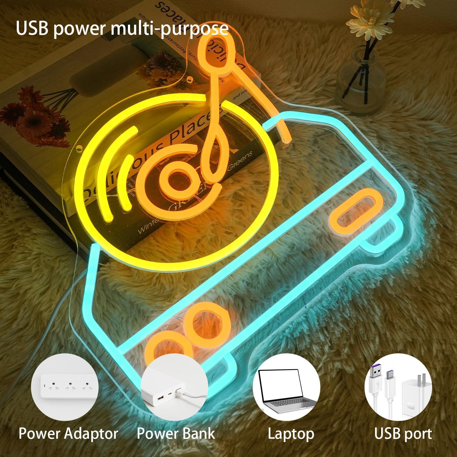 LMSIGNLY Music Plate Neon Sign for Wall Decoration Music Neon Light Vintage Record Player LED Neon Signs Dimmable Colourful Music LED Light up Sign for Bar Party Concert Christmas Wall Art