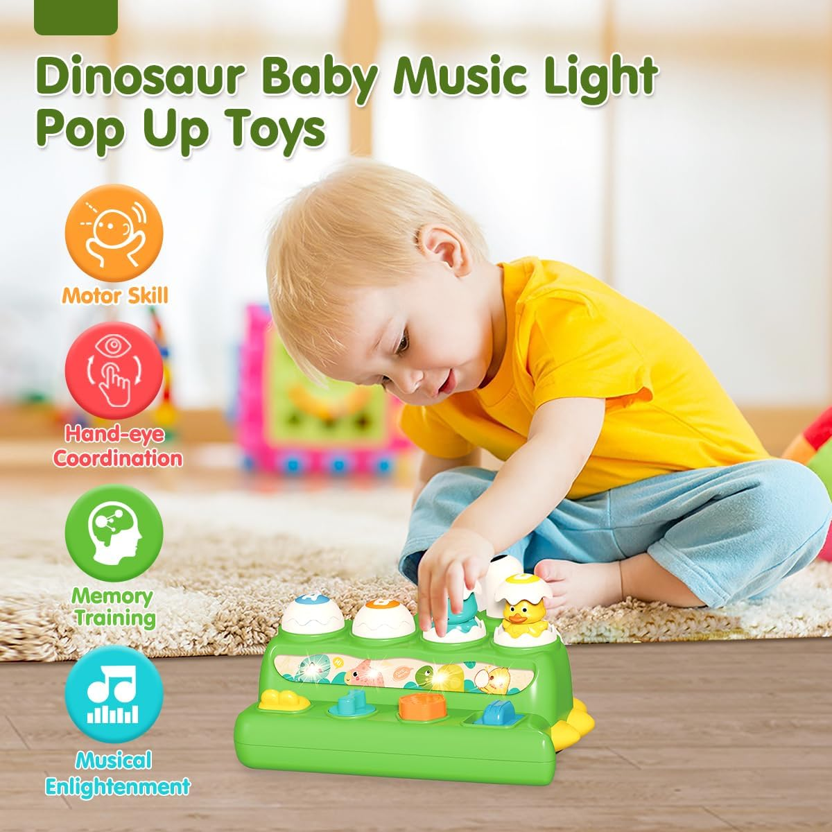 Pop up Animal Toys with Music & Light，Dinosaur Musical Toys for Toddler Aged 1-3，Montessori Cause and Effect Interactive Toys for Boys Girls ，Early Learning Baby Toys 6-18 Months Birthday Xmas Gift image number 1