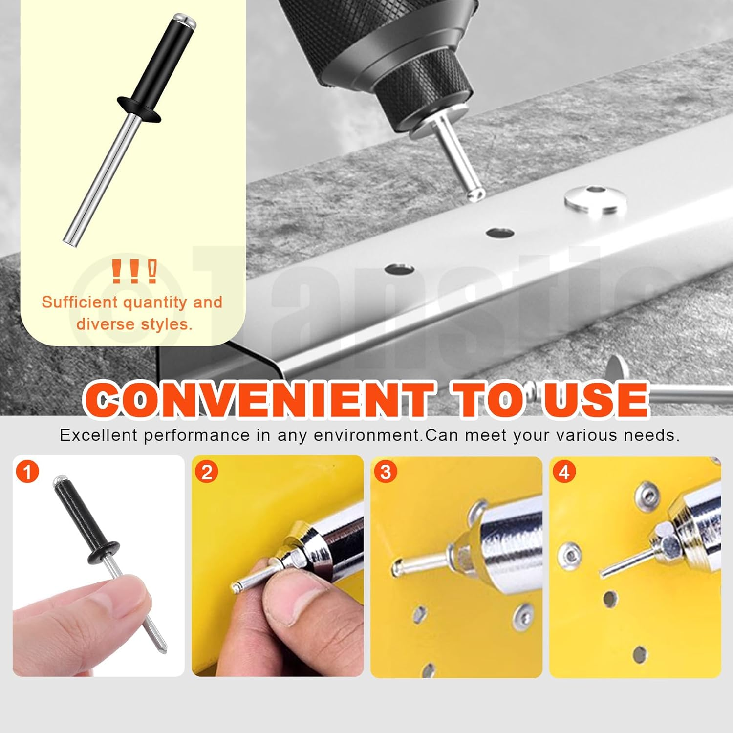 Fanstic 560Pcs Black Aluminum Pop Rivets Kit, 8 Size Blind Rivet Fasteners with 3 Size Backup Washers Assortment Kit for Aviation Automobile Furniture Use image number 1