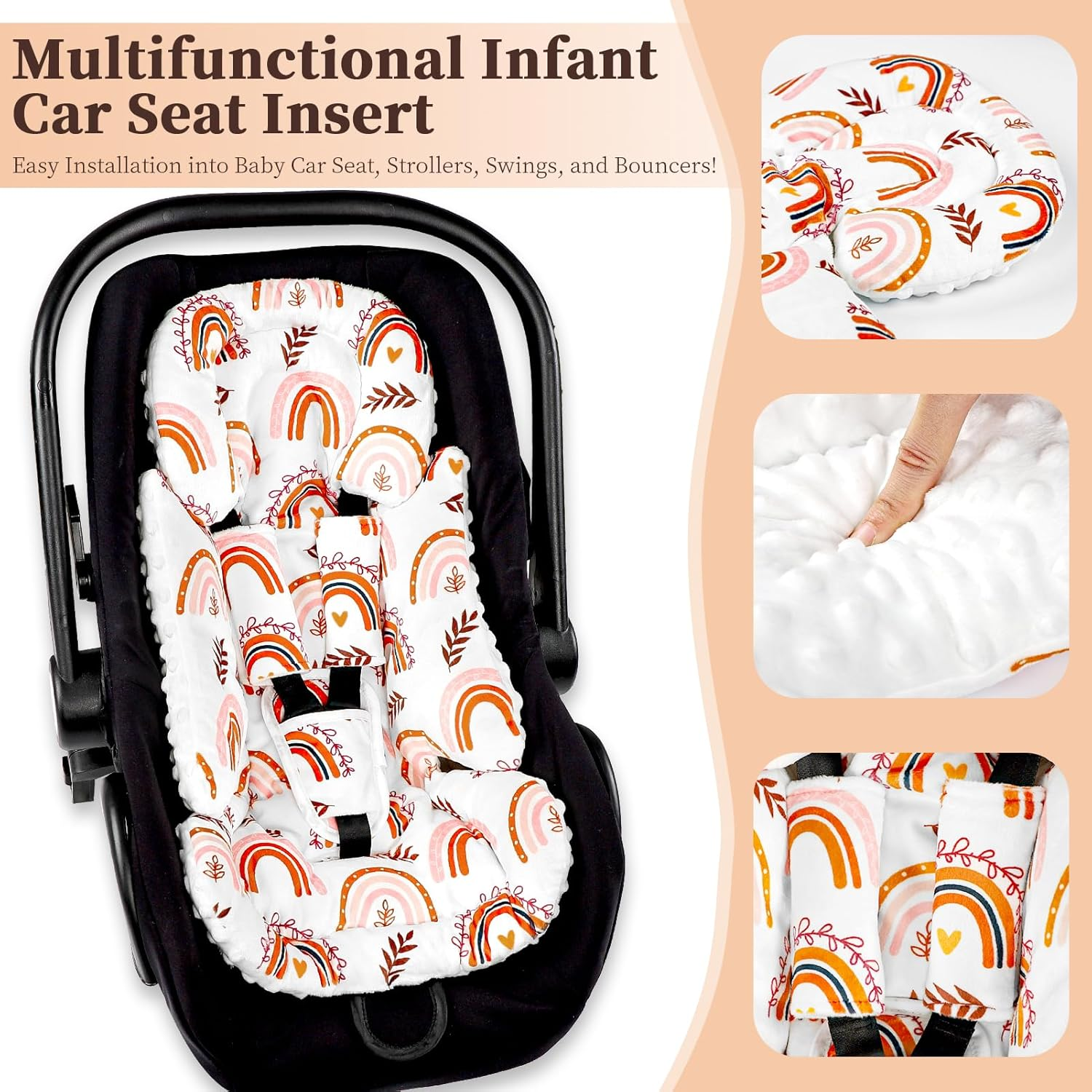 Pea Pod Infant Car Seat Insert with 3 Strap Covers, 3 in 1 Reversible Rainbow Baby Car Seat Head Support for Newborn, 3D Soft Carseat Cushion for Preemie to Infant, Stroller, Swing, Bouncer image number 4