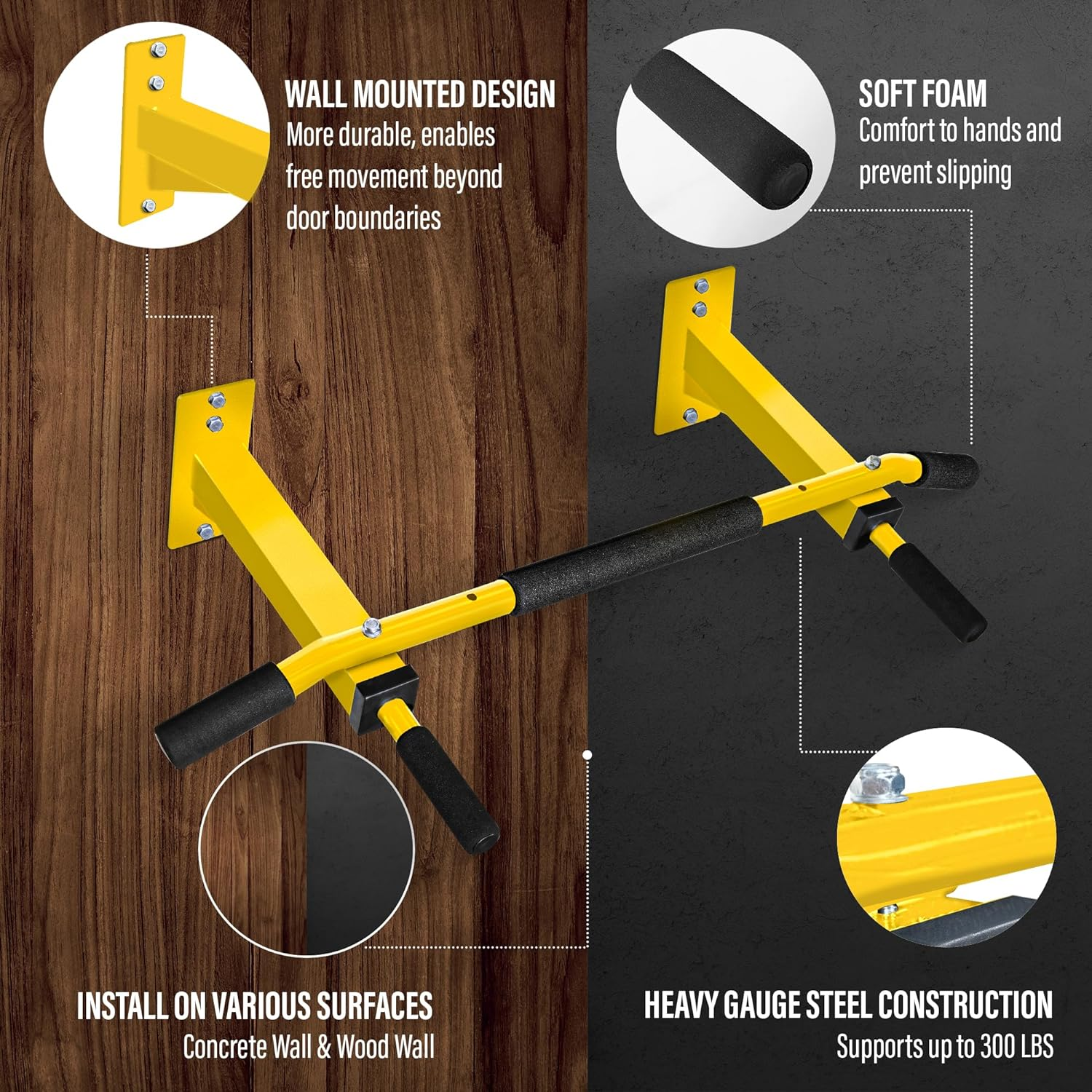 Yes4All Heavy Duty Wall Mounted Pull up Bar &ndash; Multi-Grip Ceiling Strength/Joist Mount/Chin-Up Bar for Home Gym Portable - Standard Black image number 2