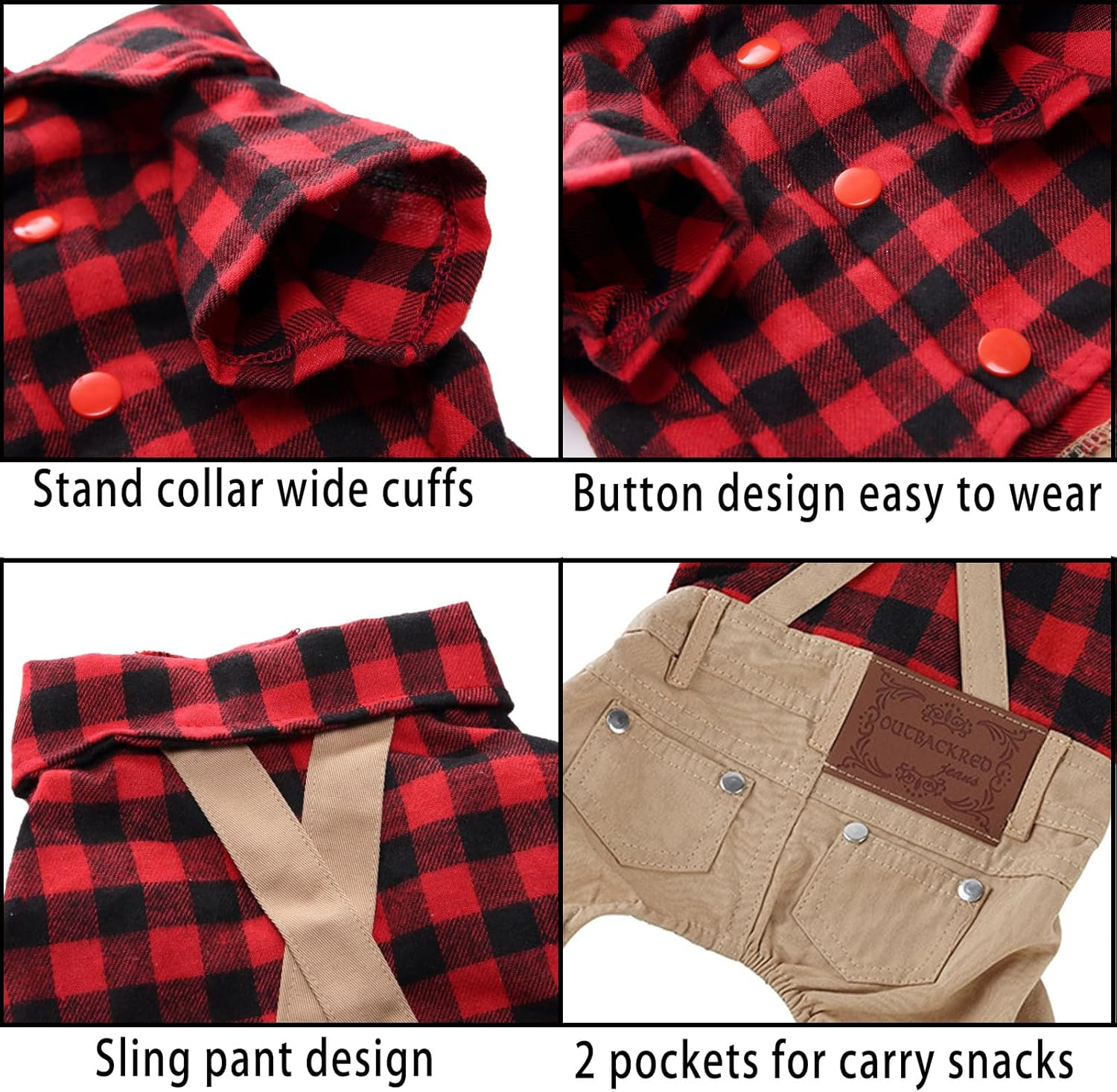 Small Dog Clothes Red Plaid Shirt Khaki Overalls Pants Jumpsuit Outfits Cool Pet Clothes for Small Dogs Cats Boy Girl, Jeans Onesies Pjs Apparel Halloween Christmas Costume Birthday Party Dress