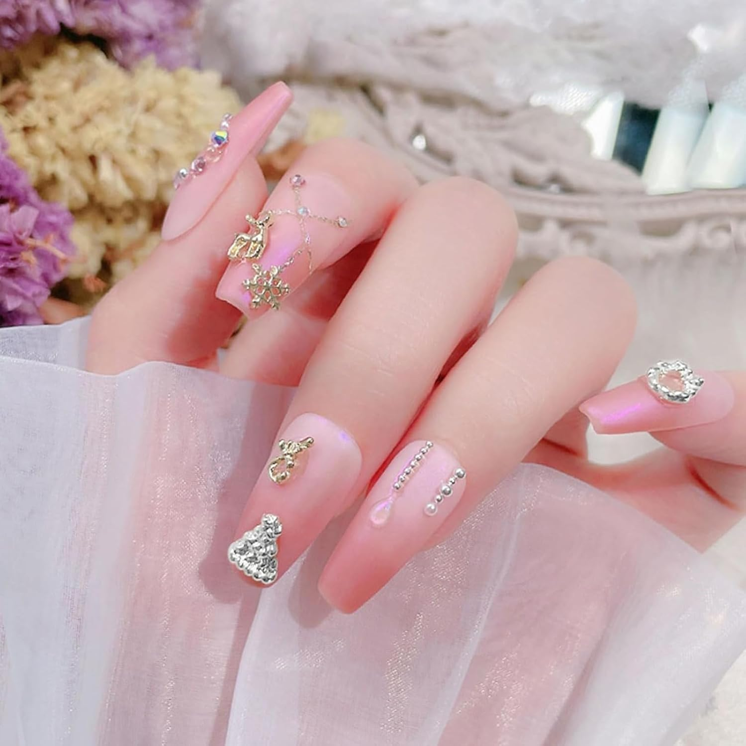 Itadaku 60 PCS Alloy 3D Christmas Nail Decorations Set, Snowflake Bell Snowman Elk Designs, DIY Ornaments, Metallic Nail Charms for Holiday image number 4