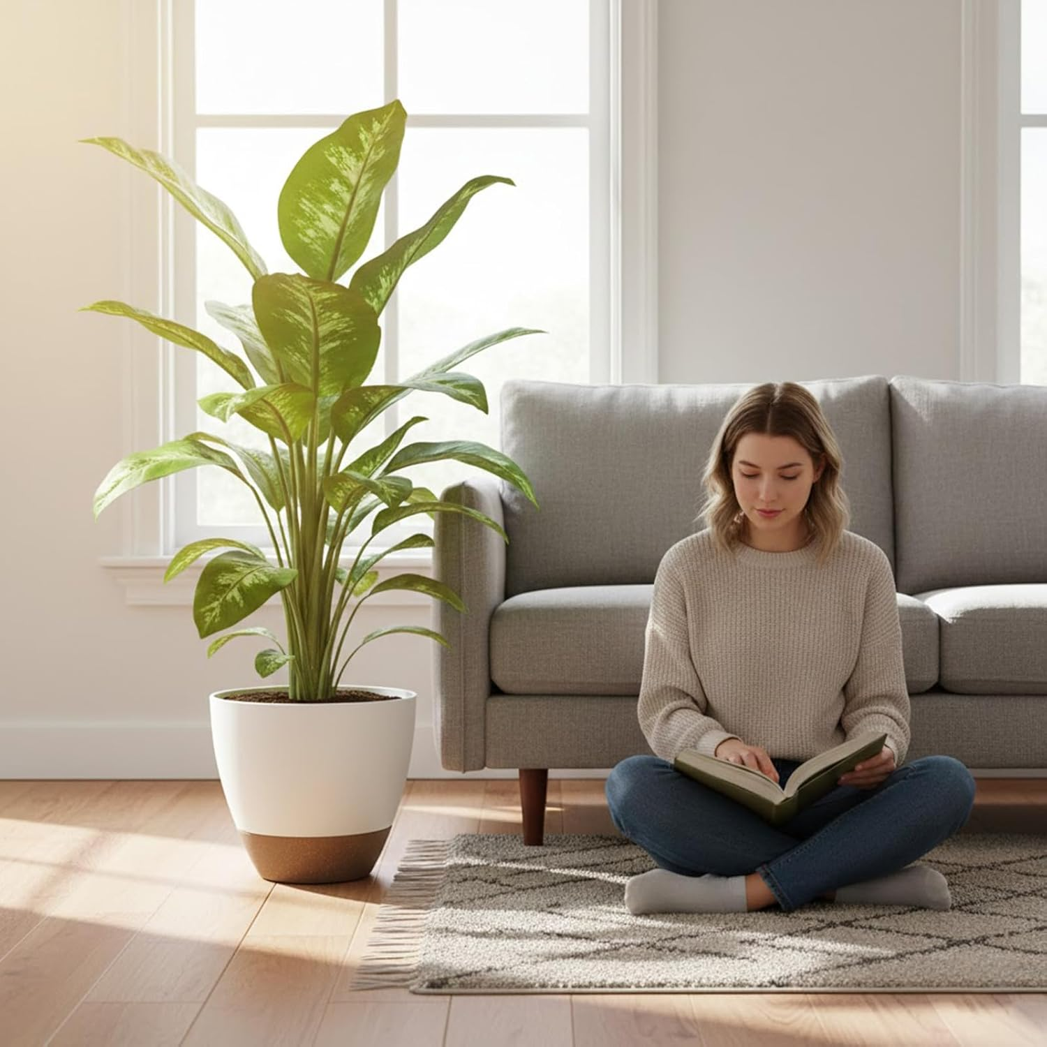 2 Pack 12 Inch Self Watering Plant Pots with Drainage Holes, Uv-Resistant Plastic Planters for Indoor Outdoor Plants, Modern Flower Pots with Tray (White) - White image number 6