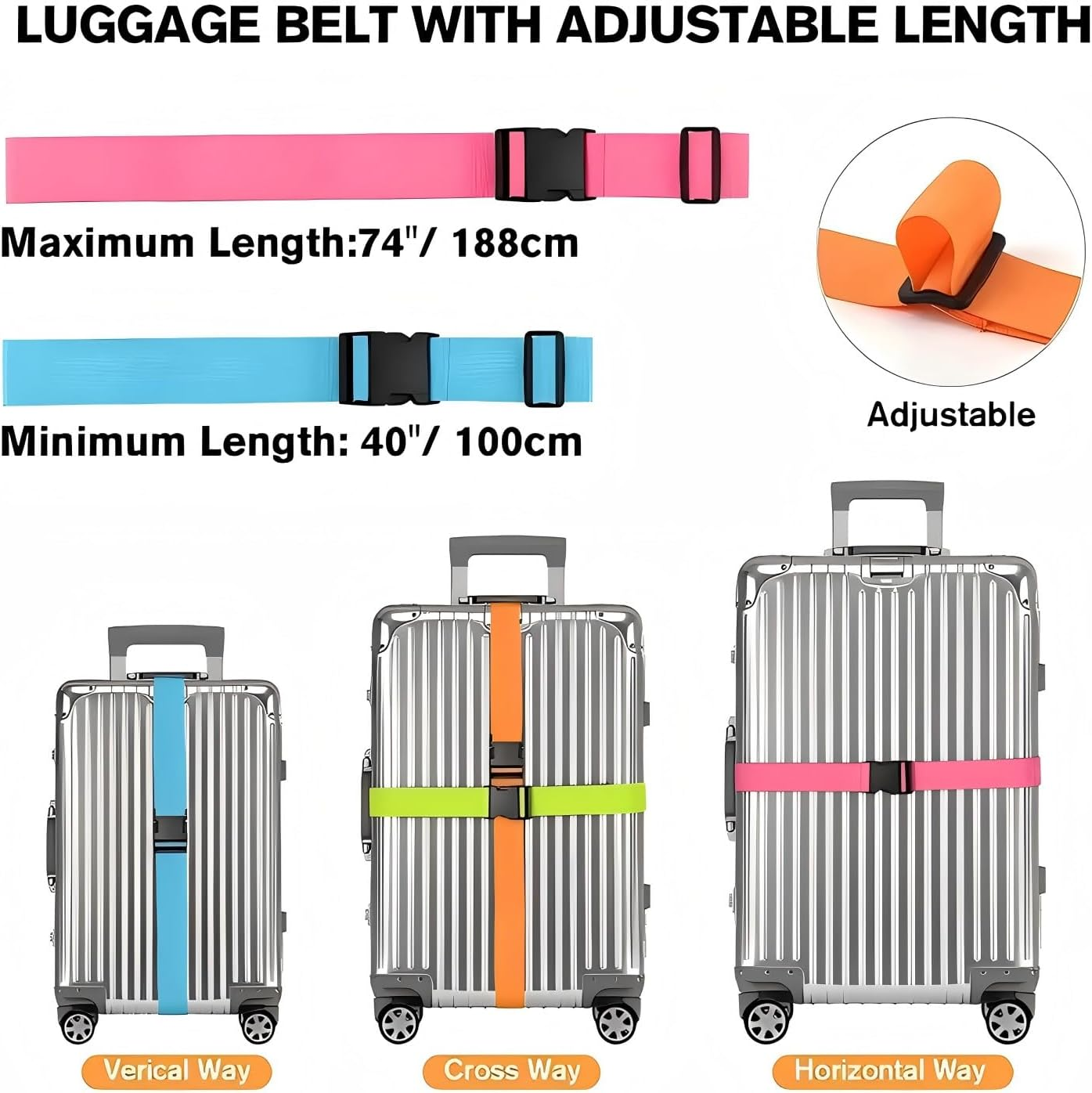Luggage Straps for Suitcases 4 Pack Rainbow, 2M Adjustable Travel Suitcase Belt Carry Bag for Connecting Your Luggage, Non Slip Luggage Belt Strap with with Name ID Card to Secure Bag Cargo Safe - 4 Pack Orange image number 2