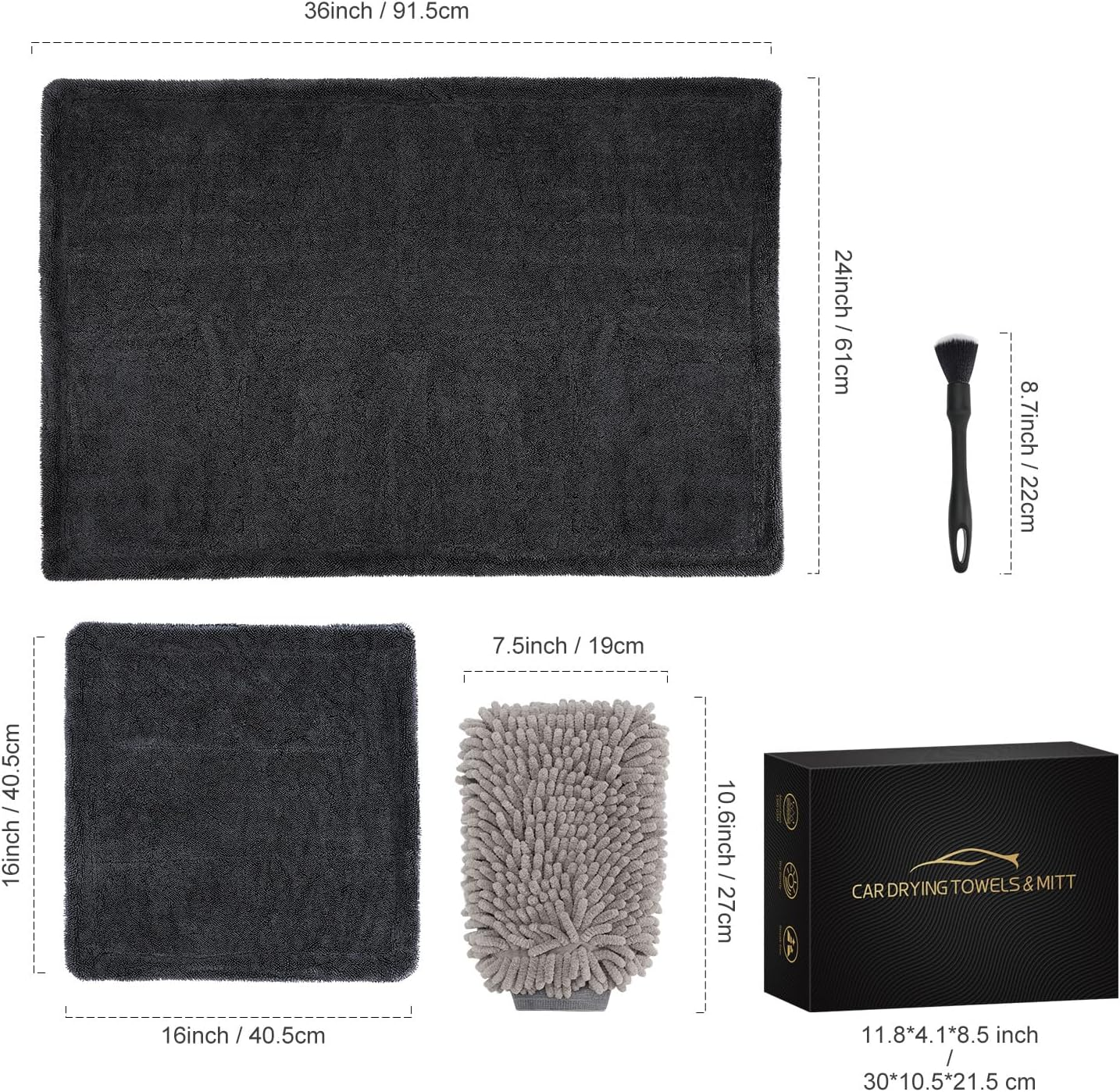 Car Drying Towel Set of 4,1300 GSM Microfiber Towels for Cars, 36" X 24" & 16" X 16", Ultra-Absorbent, Streak Free, Premium Microfiber Cleaning Cloth with Car Wash Mitt and Brush (4, Black) image number 6