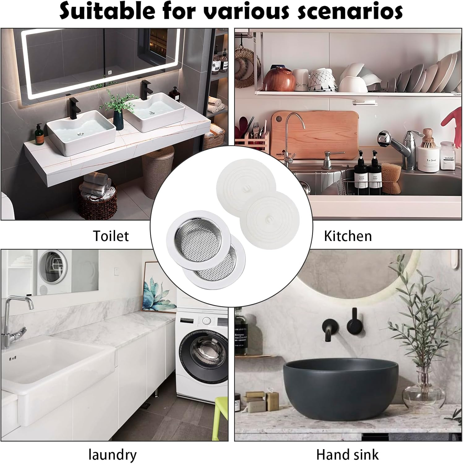 Meikurs Sink Strainer Stopper 4 Pack, Universal Silicone Sink Drain Plug Cover, Drain Water Stopper, 11CM Stainless Steel Sink Drain Strainer, Food Catcher for Kitchen Sink