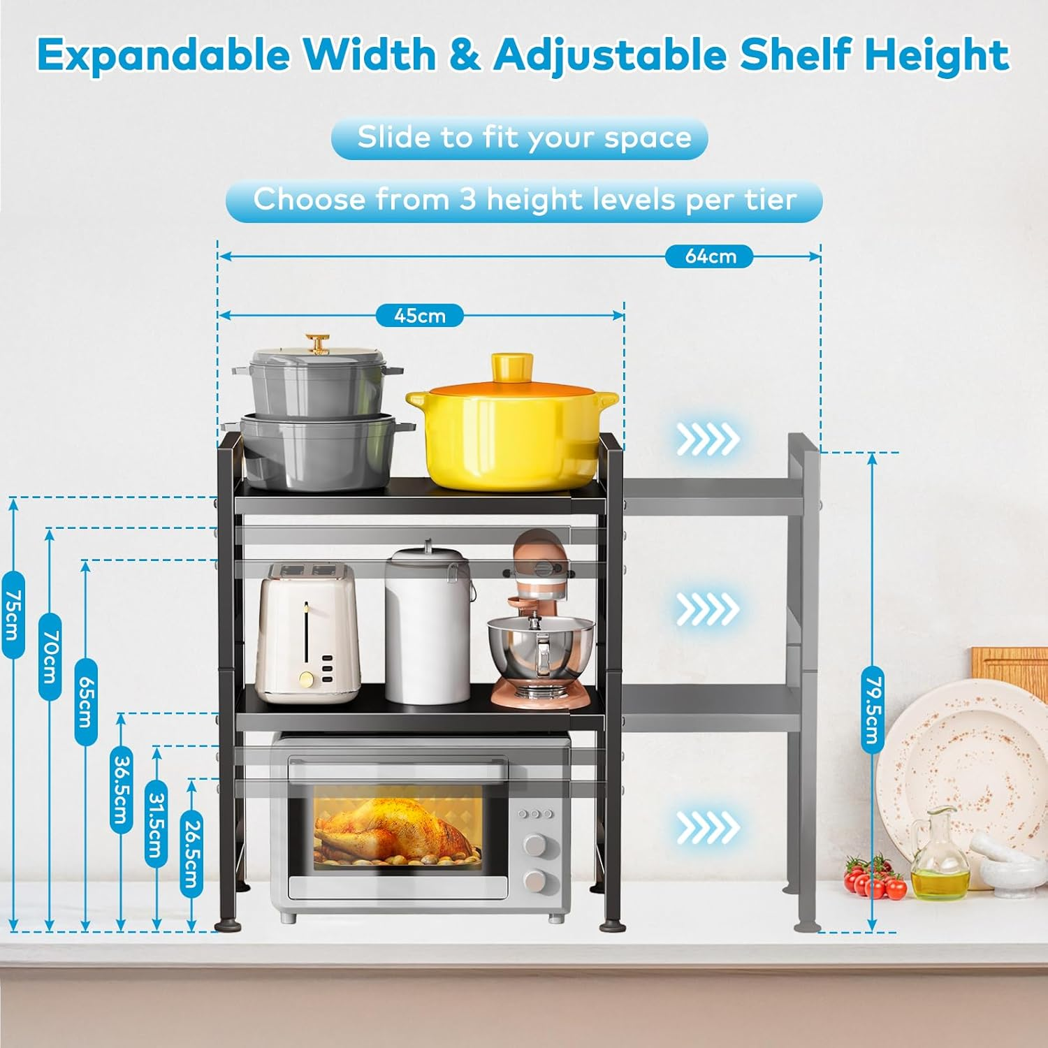 Microwave Shelf, 3-Tier Expandable Microwave Stand with DIY Pegboard &ndash; Adjustable Kitchen Benchtop Oven Rack with Towel Bar, Cutting Board Holder & 15 Hooks (Black)