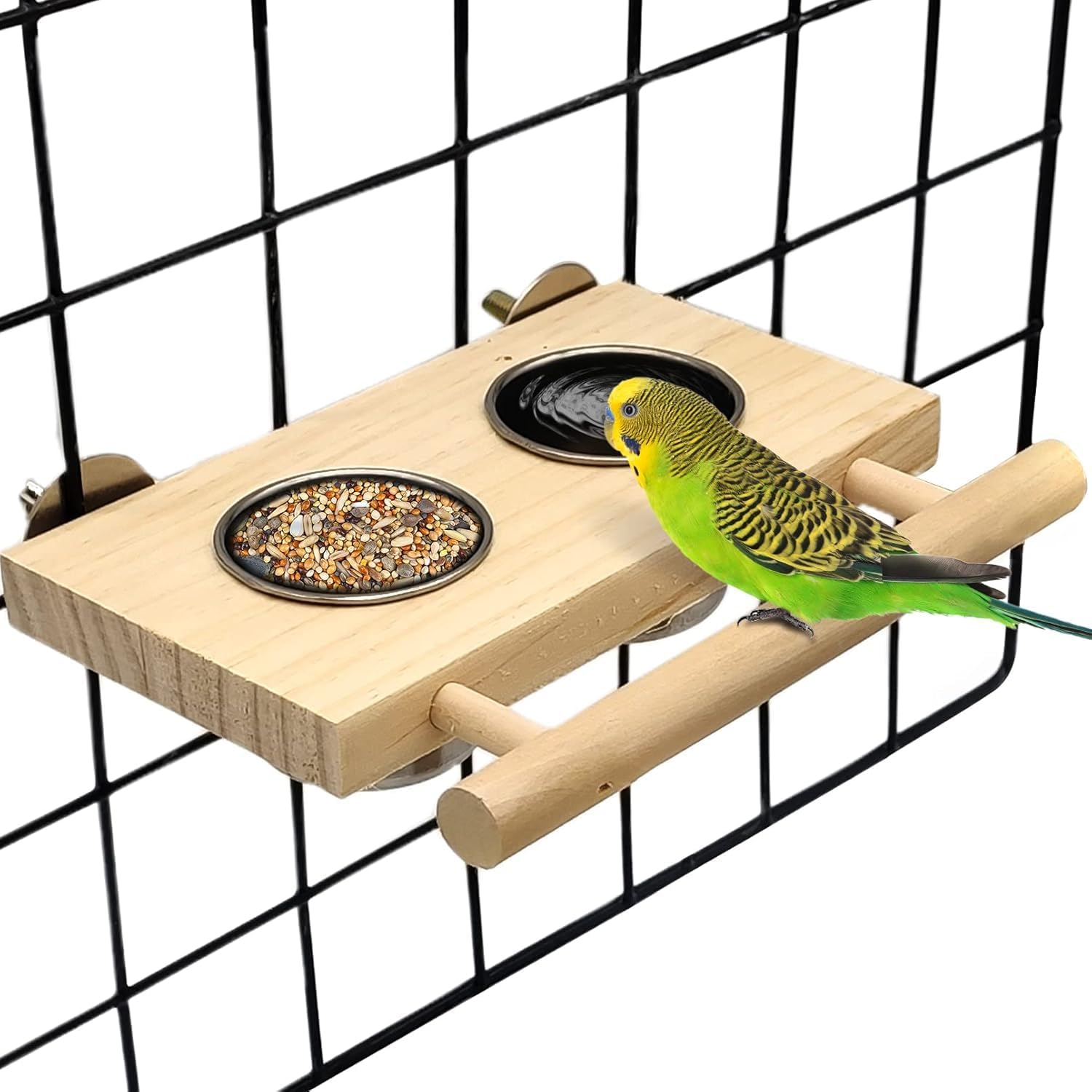 THJOPOKEEL Bird Food Stainless Steel Cup with Wooden Perch Hanging Feeder Double Bowl Parrot Feeding Tray and Water Feeding Cup with Stand, Food Water Feeder Cage Accessory Easy to Install image number 5