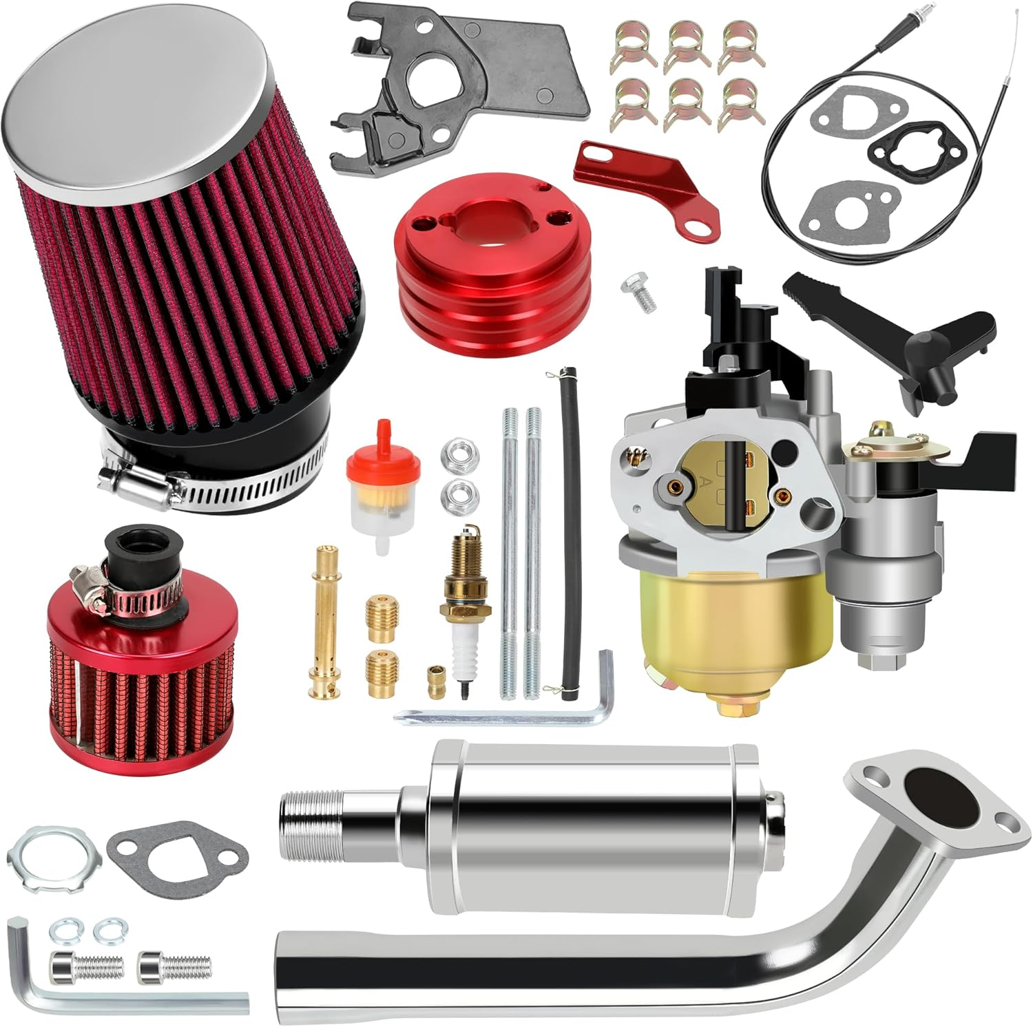 YOXUFA 212Cc Carburetor Exhaust Pipe Muffler Stage 2 Kit for Predator 212Cc 224Cc 196Cc 200 6.5Hp Engine Coleman CT200U BT200X CT200U-EX Baja Warrior MB200 GX160 Mini Bike Go Kart Parts