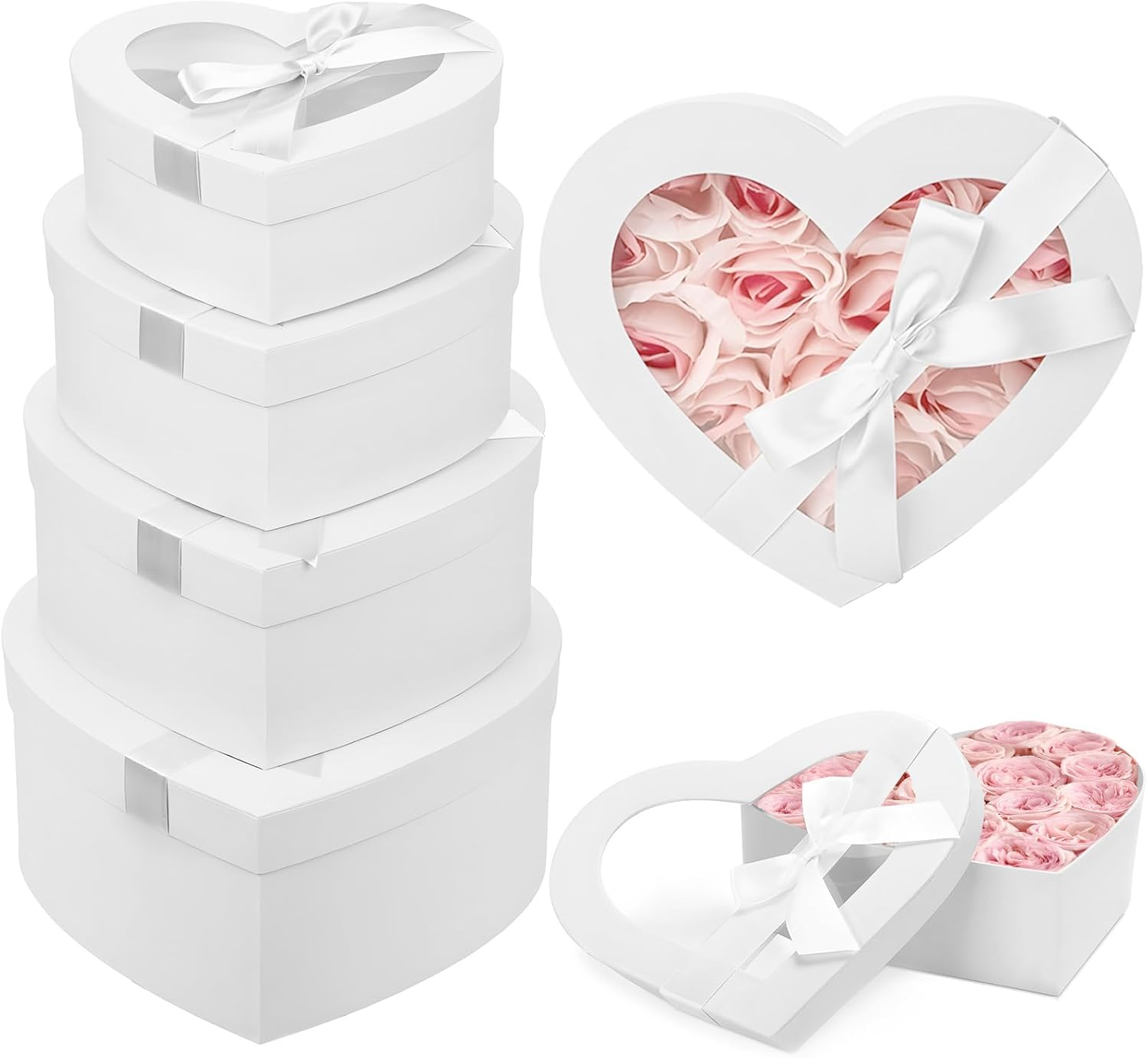 4Pcs Nesting Heart Shaped Gift Box with Clear Window Lids & Ribbons for Gifts Flower, Assorted Size Heart Gift Box Bulk for Mother'S Day Valentine'S Day Wedding Birthday Bridesmaid Proposal image number 3
