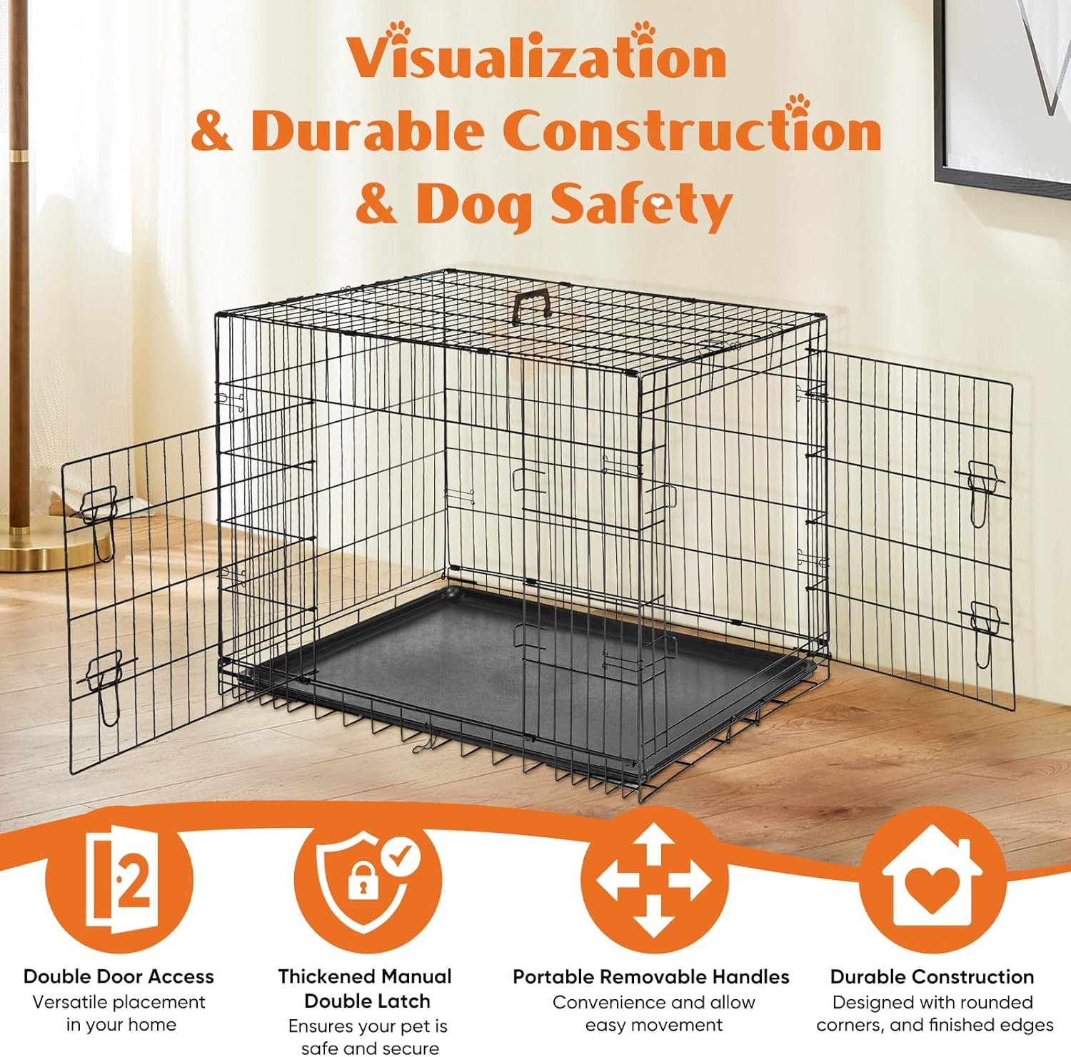 Sweetcrispy Large Dog Crate with Divider Panel, 36 Inch Double Door Folding Metal Wire Dog Cage with Plastic Leak-Proof Pan Tray, Pet Kennel for Indoor, Outdoor, Travel, 36S image number 5