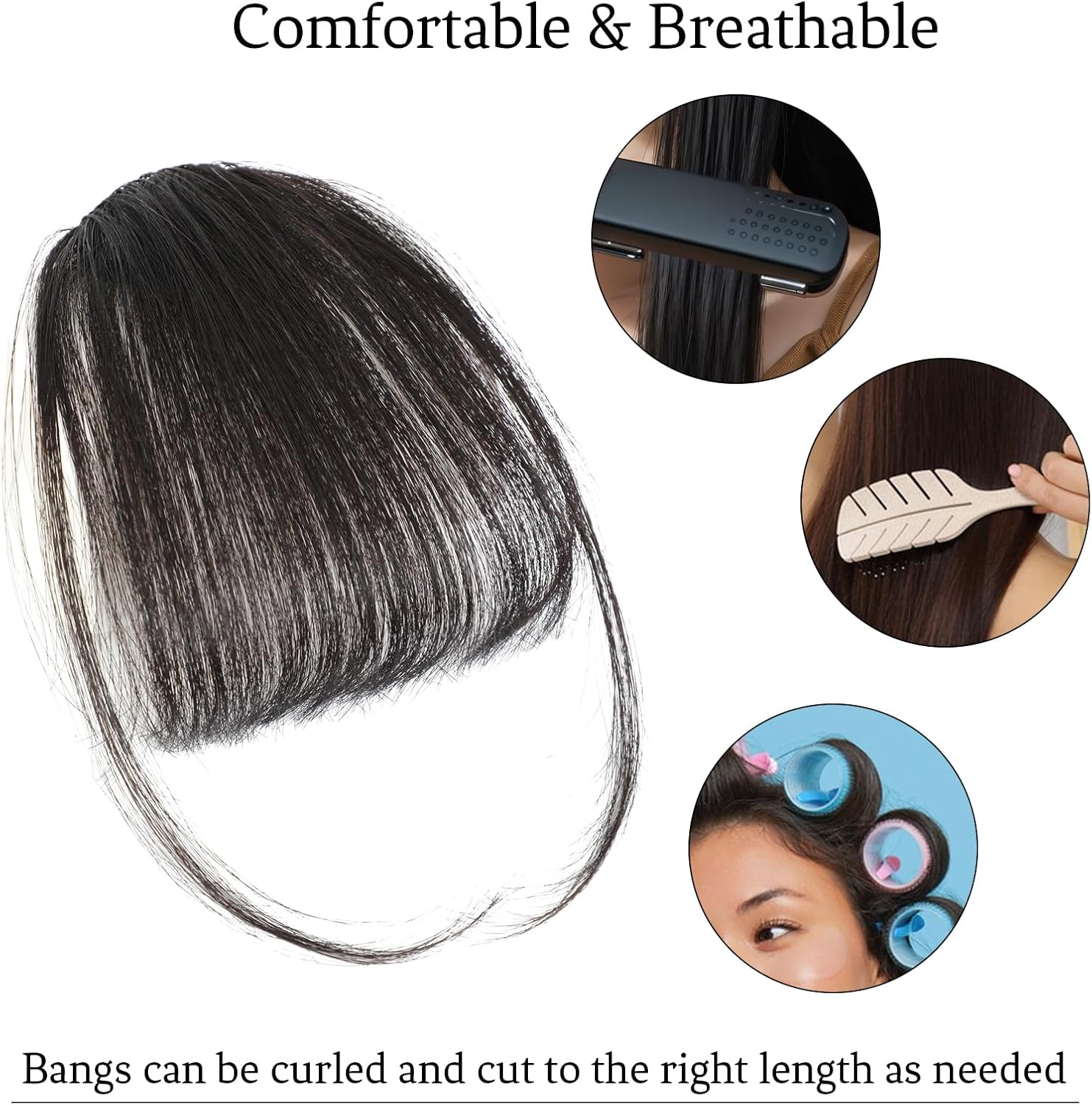 Hair Clip in Bangs -Real Human Hair Hairpiece Bangs Wispy Bangs Clip on Hair Extensions Fake Hair Bangs with Faux Curtain Bangs Temples Hairpieces for Women image number 1