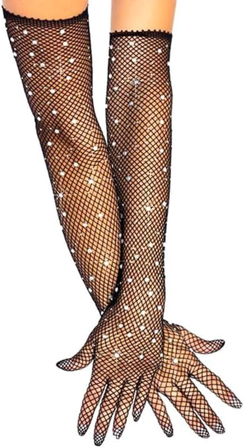 Women'S Rhinestone Fishnet Long Gloves Stretchy Opera Party Gloves Sparkly Mesh Stockings Gloves for Wedding Halloween Cosplay Tea Party Banquet Nightclub image number 6