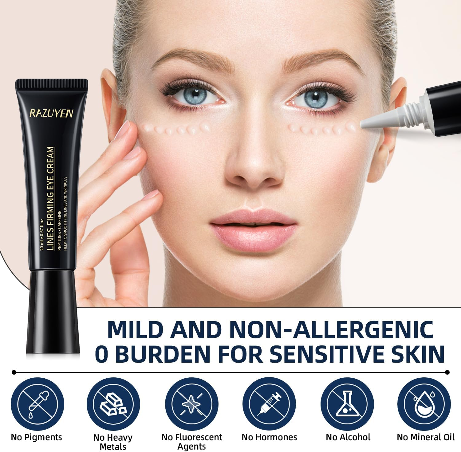Under Eye Cream for Dark Circles, Puffiness and Wrinkles, Hyaluronic Acid + Peptide + Caffeine Eye Cream anti Aging, Hydrating Eye Care, 20Ml/0.67 Fl Oz