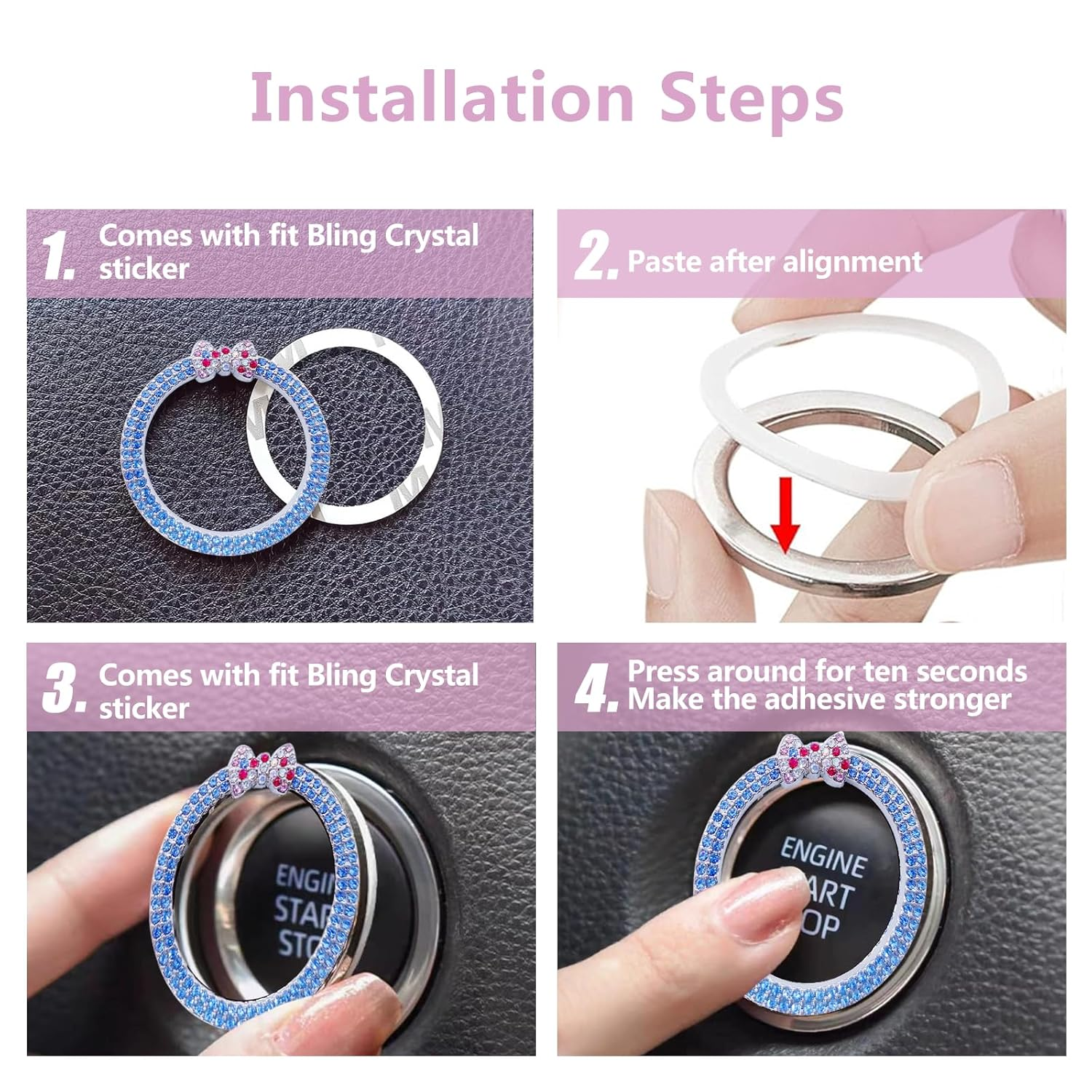 Car Bling Ring Emblem Car Accessories for Buttons & Knobs, Push Start Button Cover/Sticker, Key Ignition & Knob Ring Decoration, Bling Car Interior Accessories - Blue