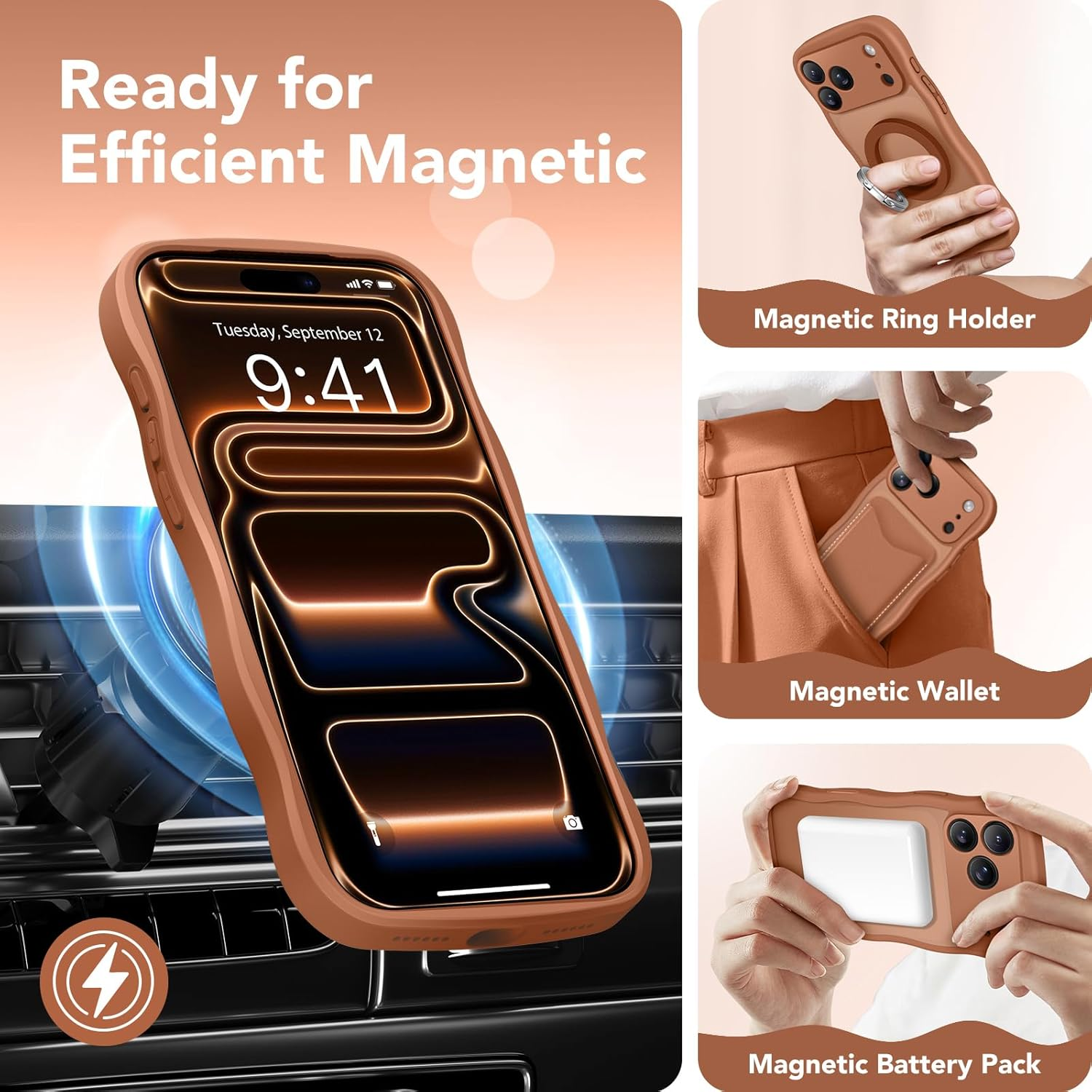 CAPRARO Magnetic for Iphone 17 Pro Max Case for Women Girls, Upgraded [Full Camera Protection] [Compatible with Magsafe] Cute Wave Translucent Matte Phone Case for Iphone 17 Pro Max, Dark Orange image number 2