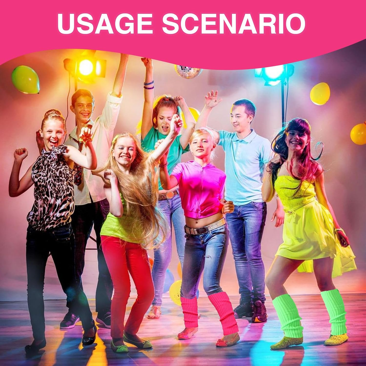 COWANIEE 2 Pairs Neon Leg Warmers+2 Pairs Fishnet Gloves 80S Fancy Dress Costume for Women and Girls (Rose Red, Fluorescent Green) image number 4