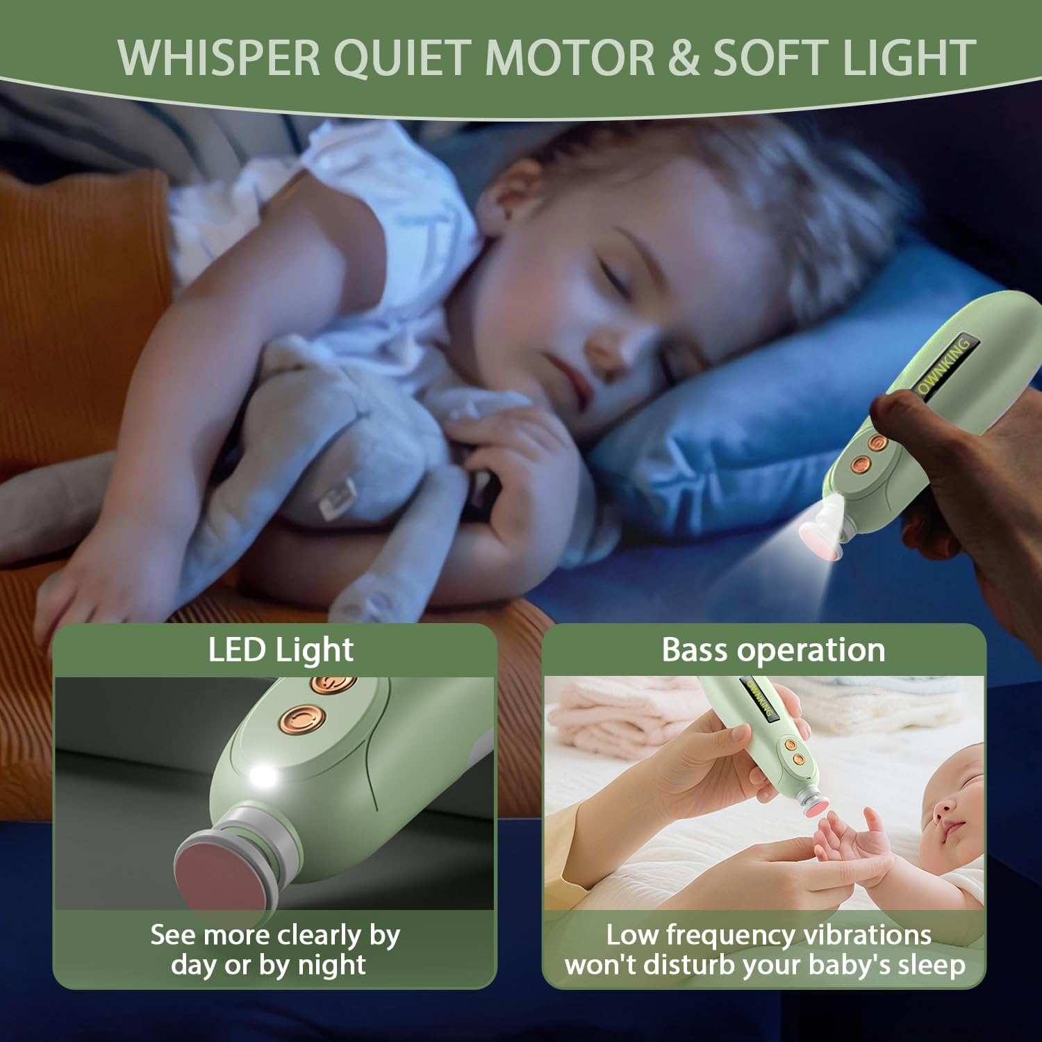 Baby Nail Trimmer, Baby Nail File Electric with Safety Protection, Gentle Nail Trimmer Care Kit with LED Light, Baby Nail Clipper Electric Rechargeable with 7 Replacement Heads, Green - Green image number 6