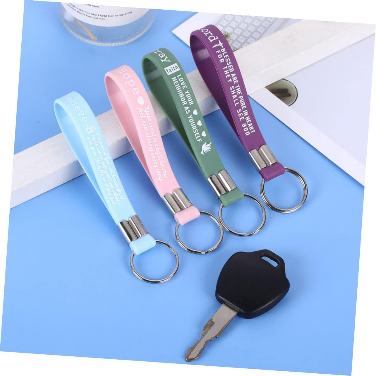 HONMEET Bible Scripture Silicone Keychains 4Pcs Set, Religious Novelty Keyring Bag Pendants for Women, Backpack Charms Party Favors Inspirational Bible Verses image number 5