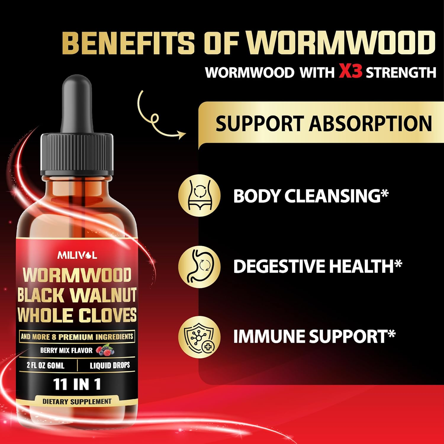 2800Mg 11In1 Black Walnut Wormwood Tincture Extract with Whole Cloves, Berberine and 8 More - Berry Mix Flavor - 2FL Oz - 120 Day Supply image number 4