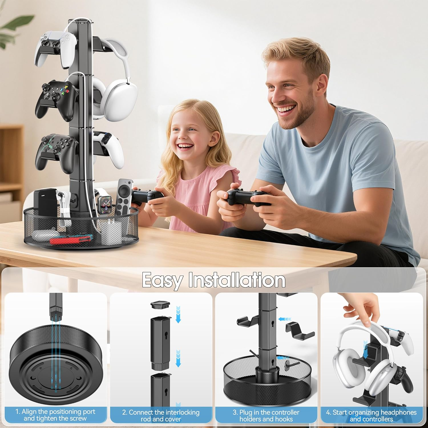 Kosker Rotatable Gaming Controller Holder with Basket for Desk,Universal Headset & Controller Stand for PS 5/PS 4/Xbox/Switch/Pc Accessories,Headphone Holder with Cable Organizer,4 Tiers Black image number 4