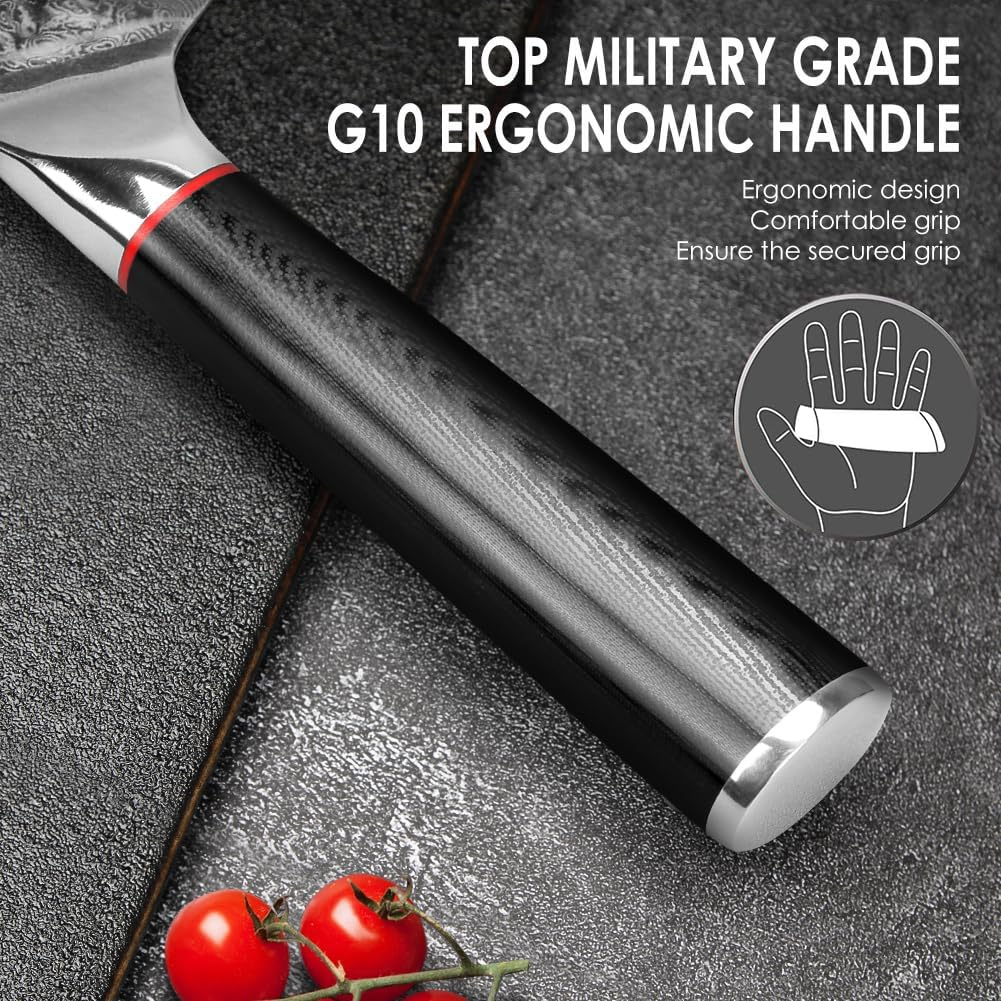 Knife Set 3-Piece Damascus Steel Chef Knife Set &ndash; 8 Inch Razor Sharp Kitchen Knives, 7 Inch Nakiri Knife, 5 Inch Slicing Knife with Ergonomic G10 Handle Cooking Knife Set, Gift Box - Damascus Knife 3-Piece image number 3