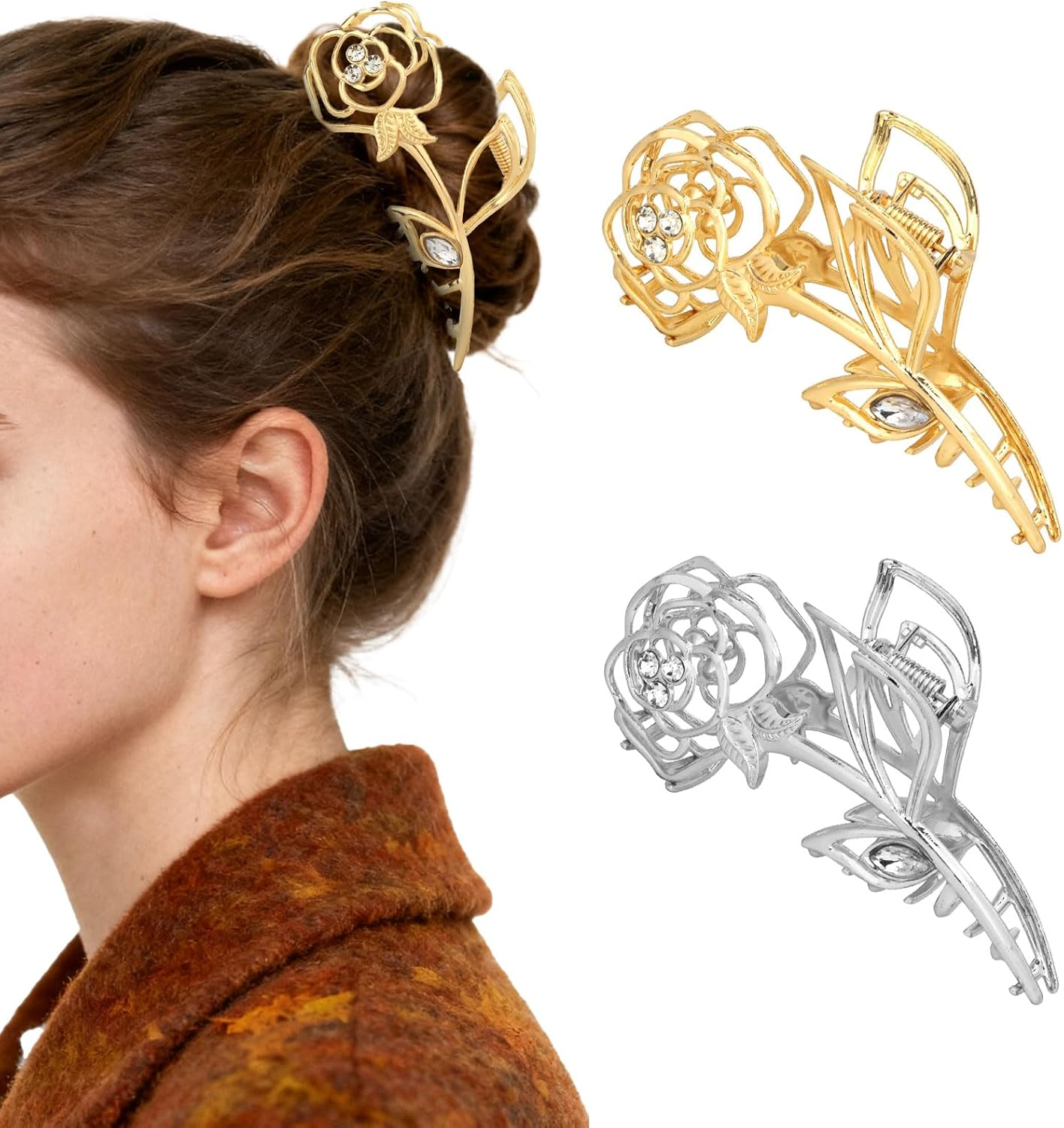 Exipsat Pack of 2 Metal Rose Hair Clips, Large, Gold and Silver, Women'S Elegant Hair Clip for Hairstyles image number 4