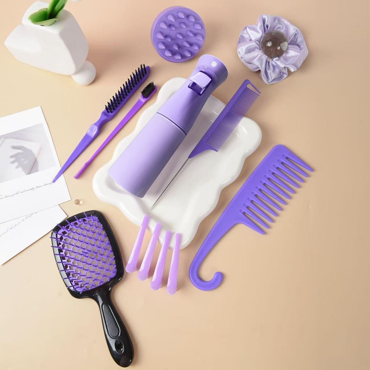 12 Pcs Hair Brush Set with Continuous Hair Spray Bottle for Women, Rat Tail Combs for Toddlers, Soft Scalp Massager, Detangling Hairbrush for Wet Dry Curly Hair (Purple) image number 3