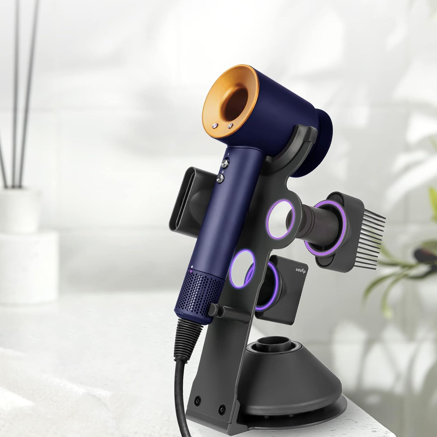 Genyen Eye Hair Dryer Holder Stand for Dyson Hair Dryer, Upgraded Dyson Hair Dryer Holder Dyson Hair Dryer Stand Black to Store 5 Dyson Hair Dryer Attachments with Cable Hook image number 1