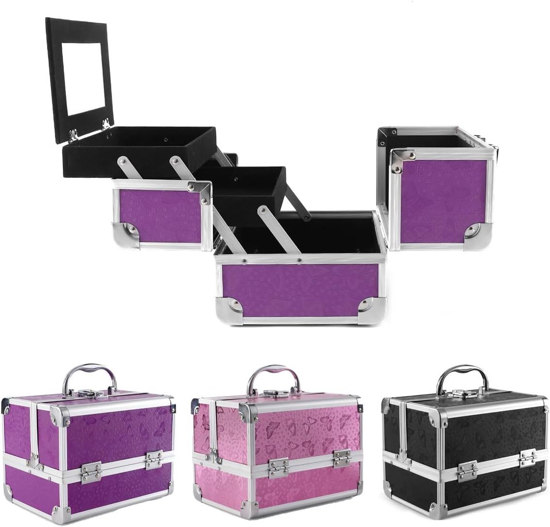 Makeup Train Box Cosmetic Case Portable Makeup Box Storage 2-Layer Tray Cosmetic Storage with Mirror Lock Suitable for Beautician Beauty Supplies Nail Art Travel Cosmetic Case 23 * 17 * 17 (Pink) image number 3